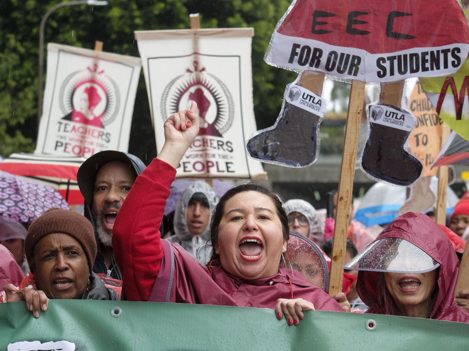 Teachers and supporters rally on Monday, Jan. 14, the first day of the teachers strike in Los Angeles. The school district and the union have come to a deal after almost two years of negotiations. (Ringo H.W. Chiu/AP)