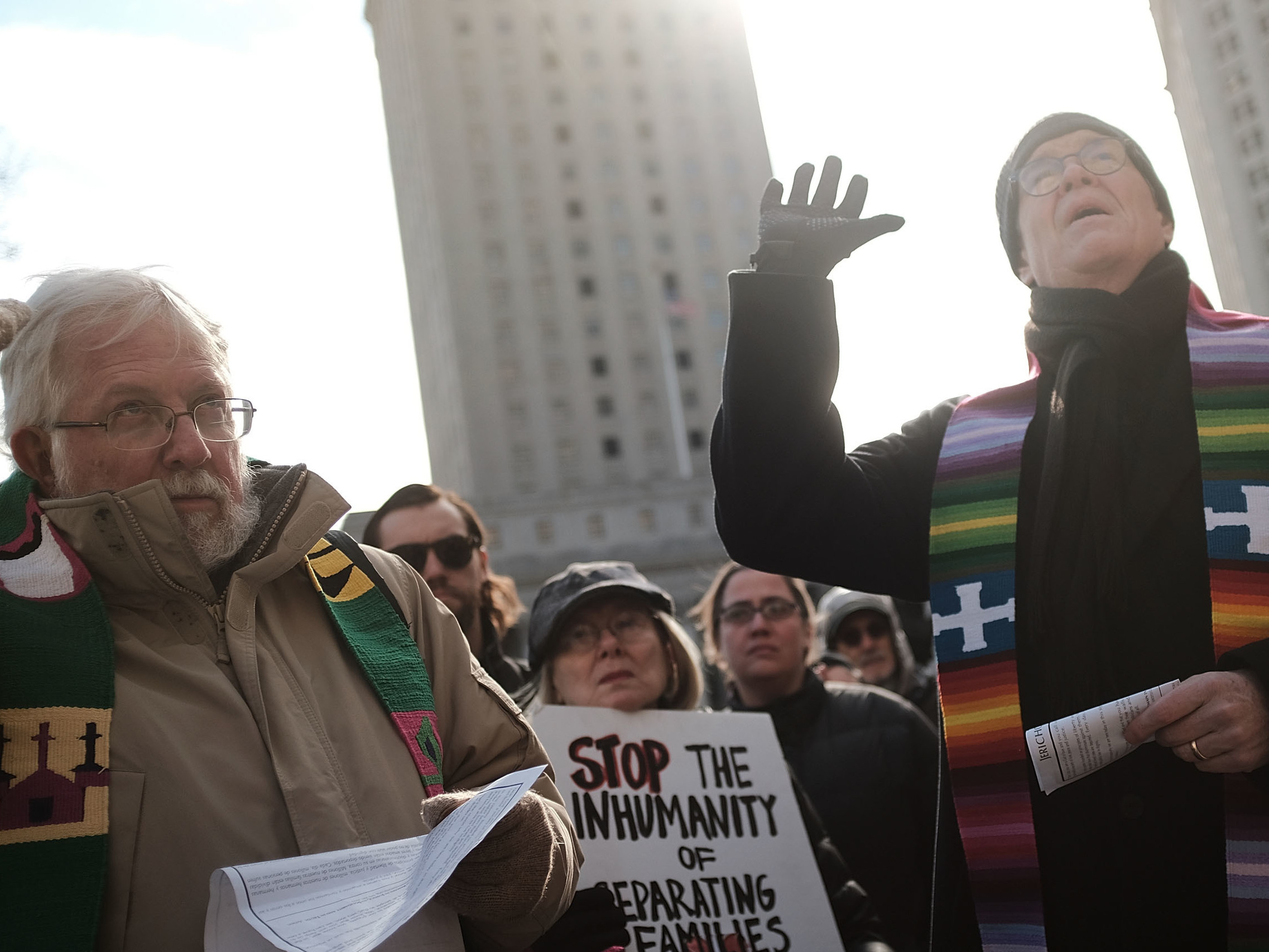 Dozens of clergy members, immigration activists and others participate in a protest against the imprisonment and potential deportation of an immigration activist. Religious liberals are becoming increasingly outspoken in their opposition to many Trump administration policies. (Getty Images)