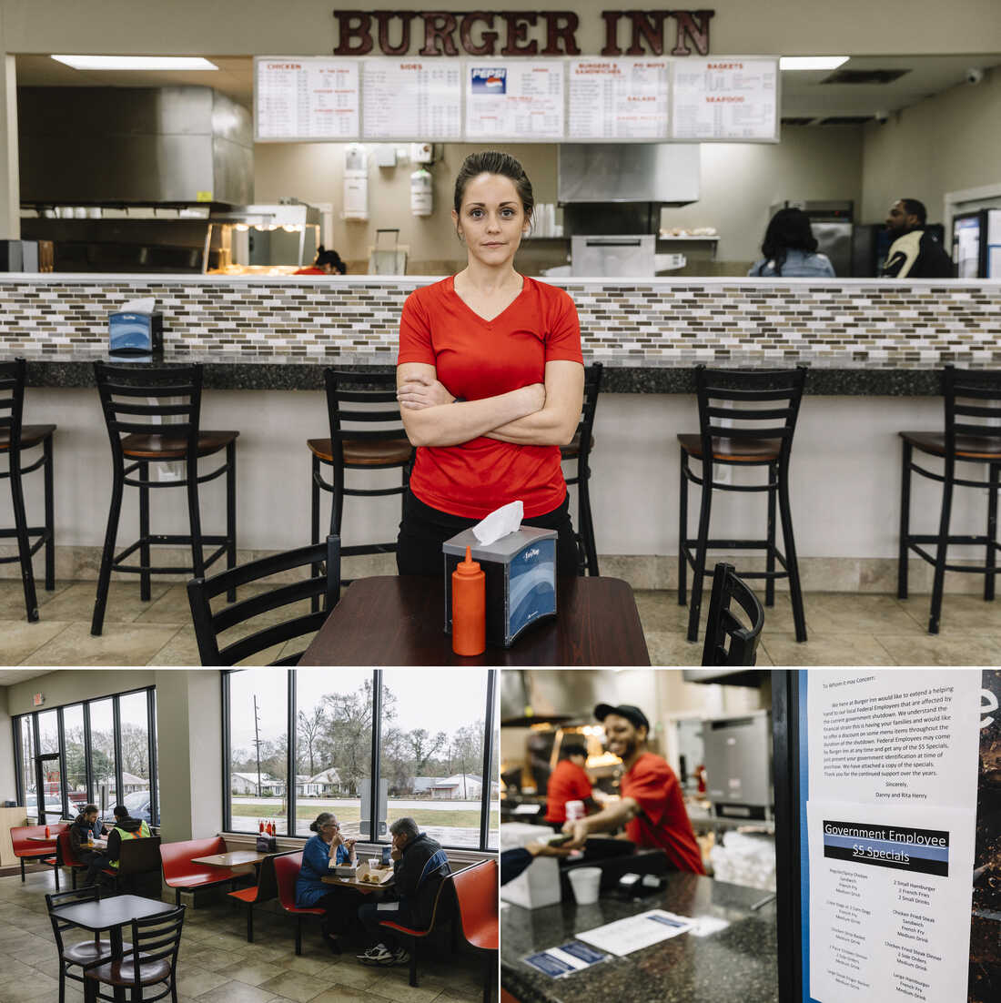 Top: Megan Crawford stands in the dining area of Burger Inn, the fast-food restaurant that her family has operated for 14 years. Burger Inn is offering a special $5 menu for government employees affected by the shutdown.