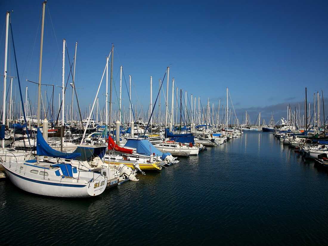 Boats sit at the dock at Santa Barbara Harbor.