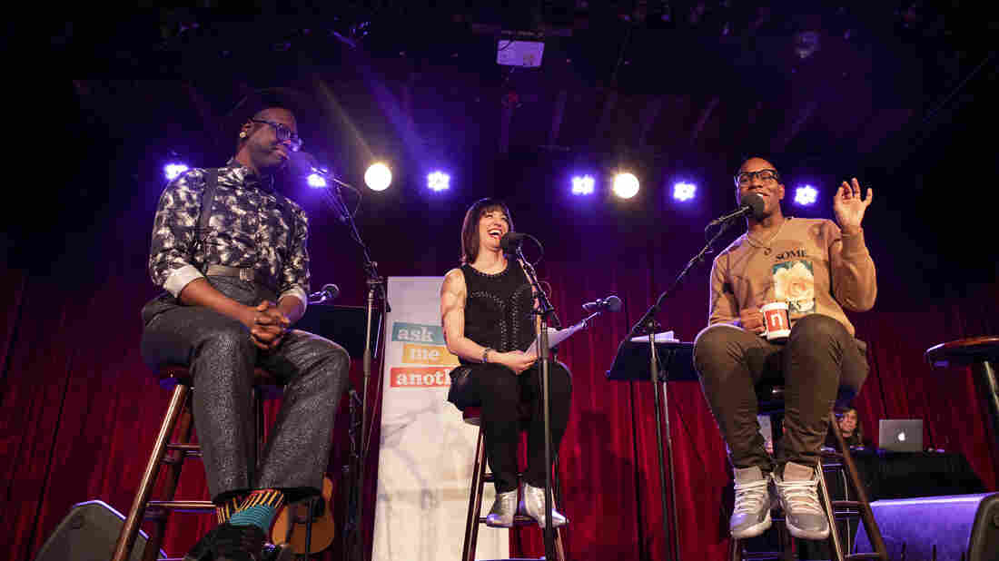 Host Ophira Eisenberg interviews Bob the Drag Queen and Monét X Change on Ask Me Another at the Bell House in Brooklyn, New York.