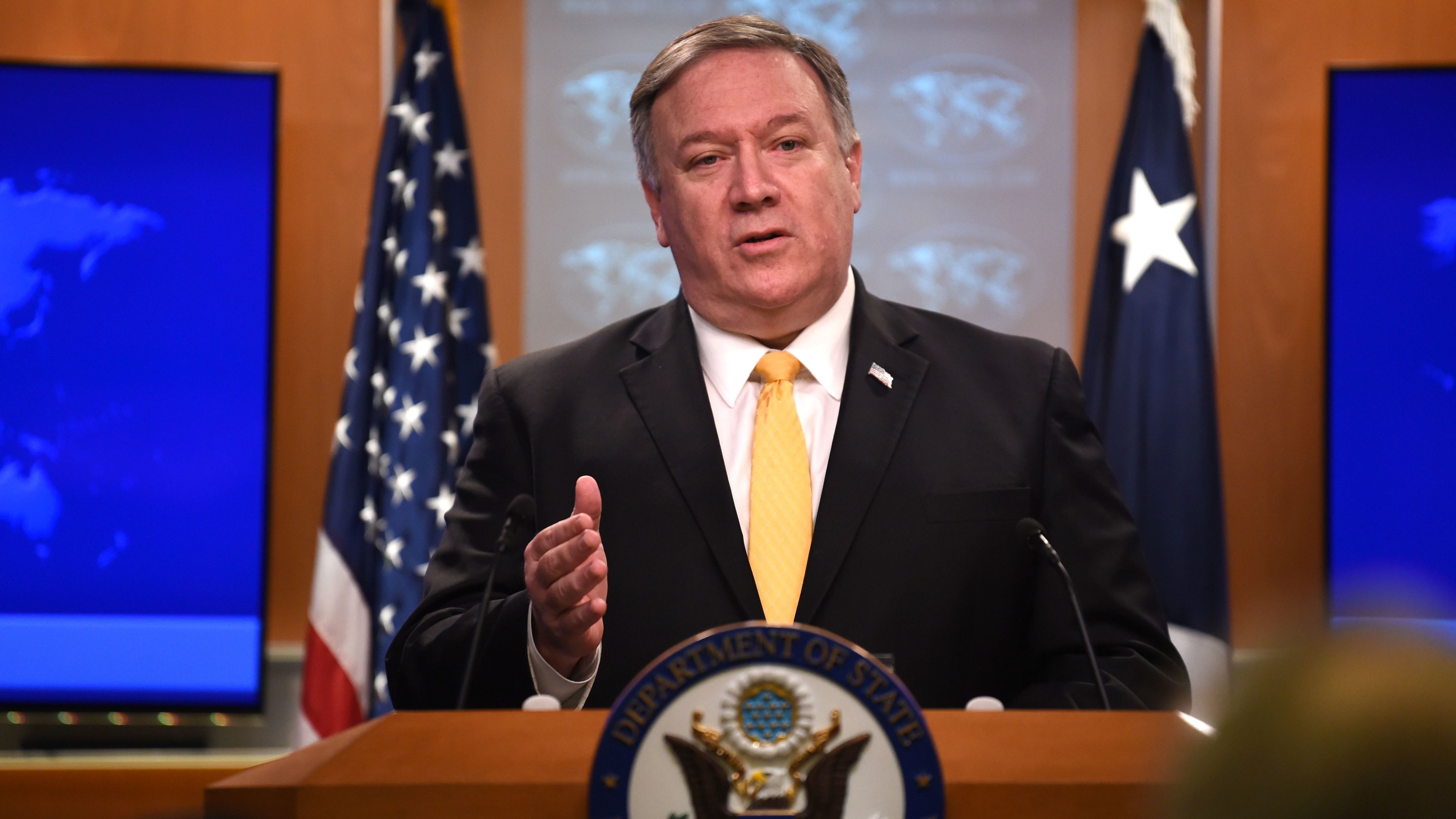 Secretary of State Mike Pompeo tells reporters Friday that the United States will withdraw from the Intermediate-Range Nuclear Forces Treaty with Russia. (AFP/Getty Images)
