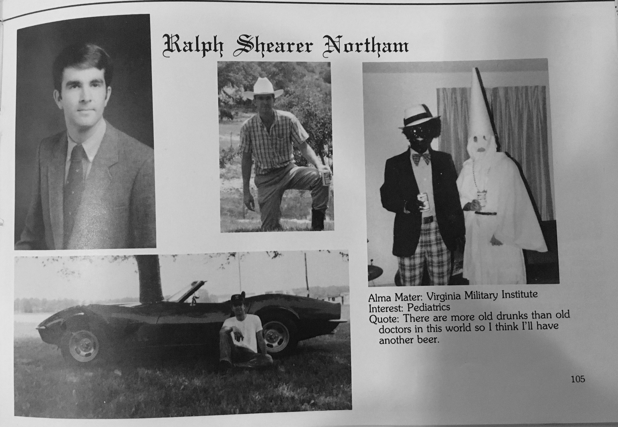 Ralph Northam's page in the 1984 yearbook of Eastern Virginia Medical School in which two people are wearing blackface and a KKK costume. (NPR)