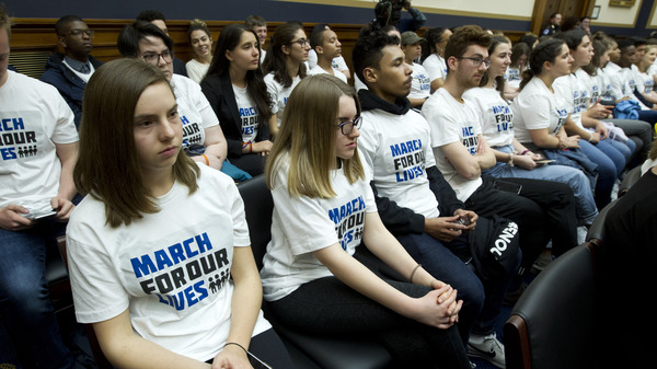 Students in "March For Our Lives" shirts sat in the House Judiciary Committee hearing on gun violence on Feb. 6.