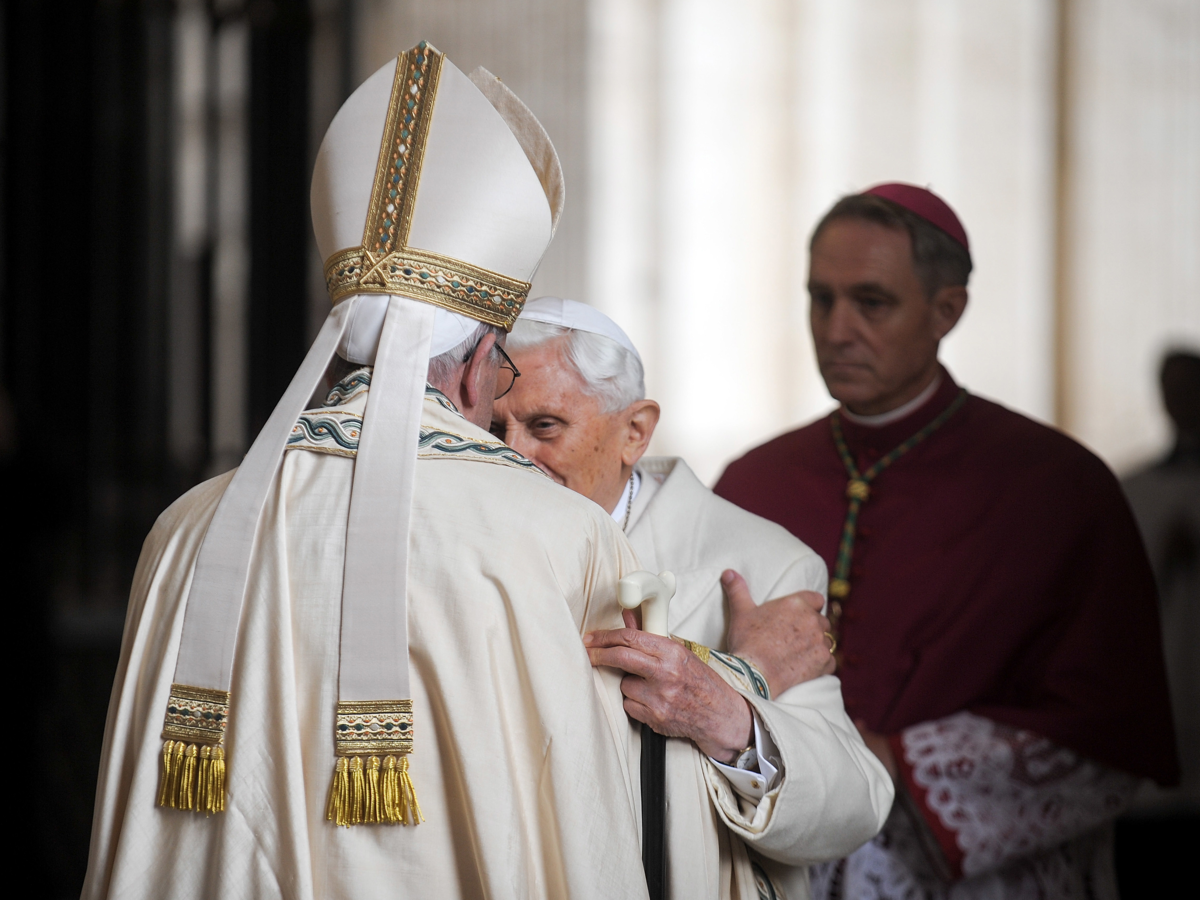 Pope Francis meets Pope Emeritus Benedict XVI prior to the opening of the Holy Door of St. Peter's Basilica on Dec. 8, 2015 in Vatican City, Vatican. (Getty Images)