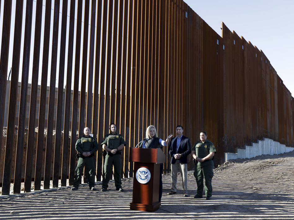 U.S. Department of Homeland Security Secretary Kirstjen Nielsen speaks in front of a newly fortified border wall structure in Calexico, Calif. in October. A federal court ruled Monday that DHS has broad authority to waive environmental regulations in the name of border security. (Gregory Bull/AP)