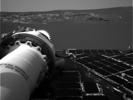 This image is among the first taken by NASA's Opportunity rover after landing on a Martian plain called Meridiani Planum in January 2004.