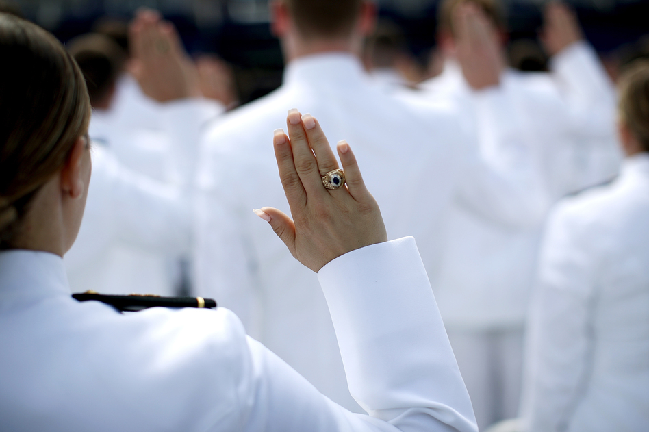 2017 graduation and commissioning ceremony at the U.S. Naval Academy. An anonymous Pentagon survey found that 747 students at the Navy, Army and Air Force academies experienced unwanted sexual contact during the past year, a nearly 50 percent increase from a similar survey taken two years earlier. (Win McNamee/Getty Images)