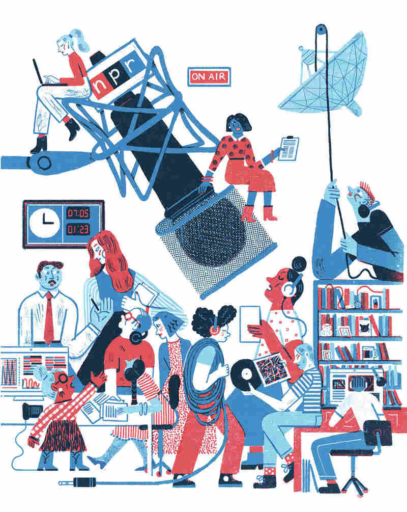 Blue and red illustration of characters engaging in media