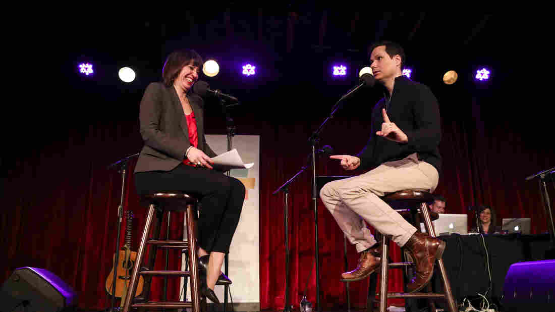Ophira Eisenberg interviews comedian Michael Ian Black on Ask Me Another at the Bell House in Brooklyn, New York