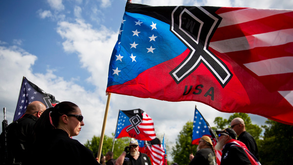 The National Socialist Movement, a neo-Nazi group that has been designated a hate group by the Southern Poverty Law Center, held a rally in Newnan, Ga., in April 2018.