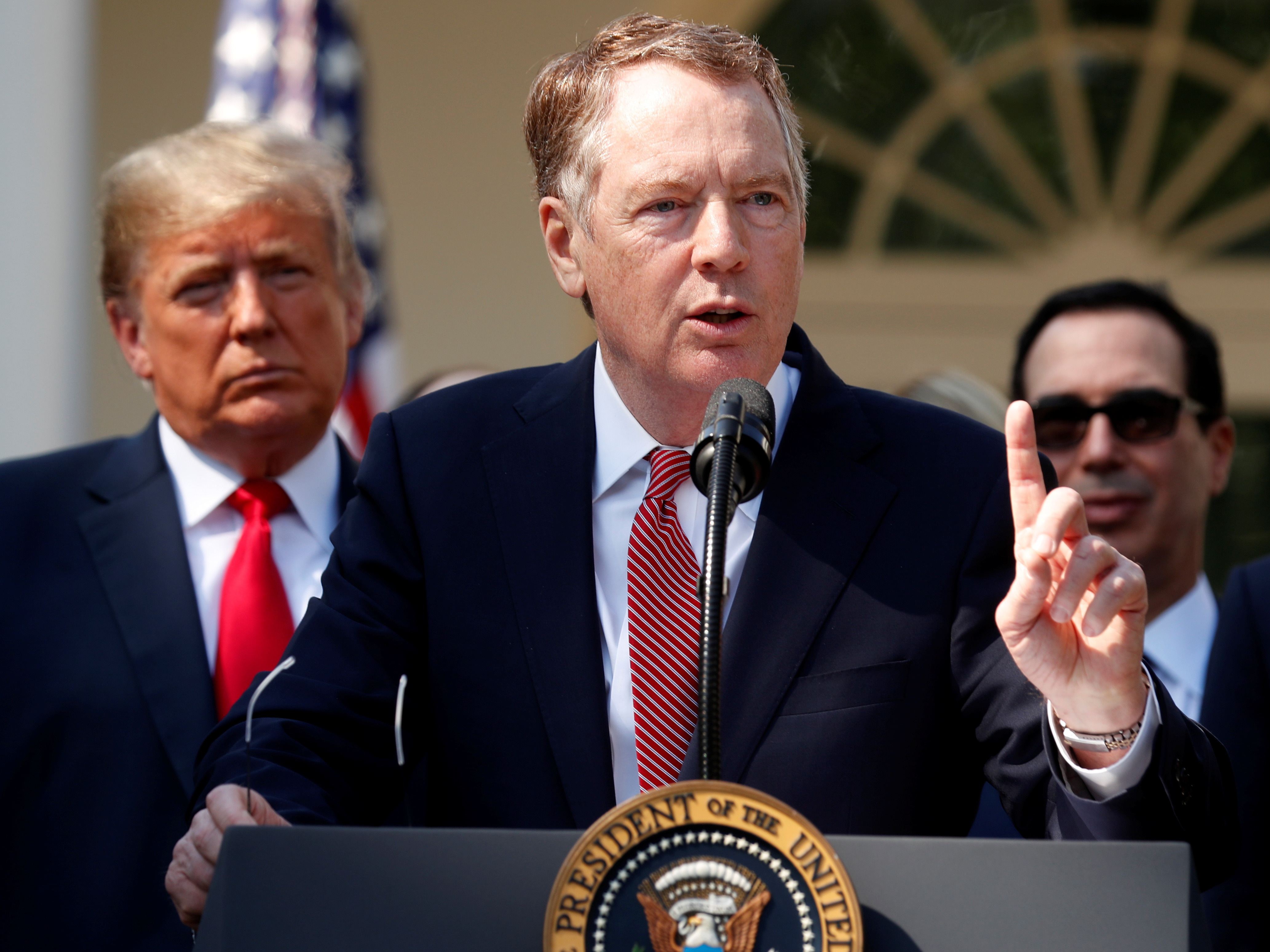 U.S. Trade Representative Robert Lighthizer discusses the United States-Mexico-Canada Agreement as President Trump and Treasury Secretary Steven Mnuchin look on Oct. 1, 2018. Lighthizer is now the chief U.S. negotiator in trade talks with China. (Reuters)