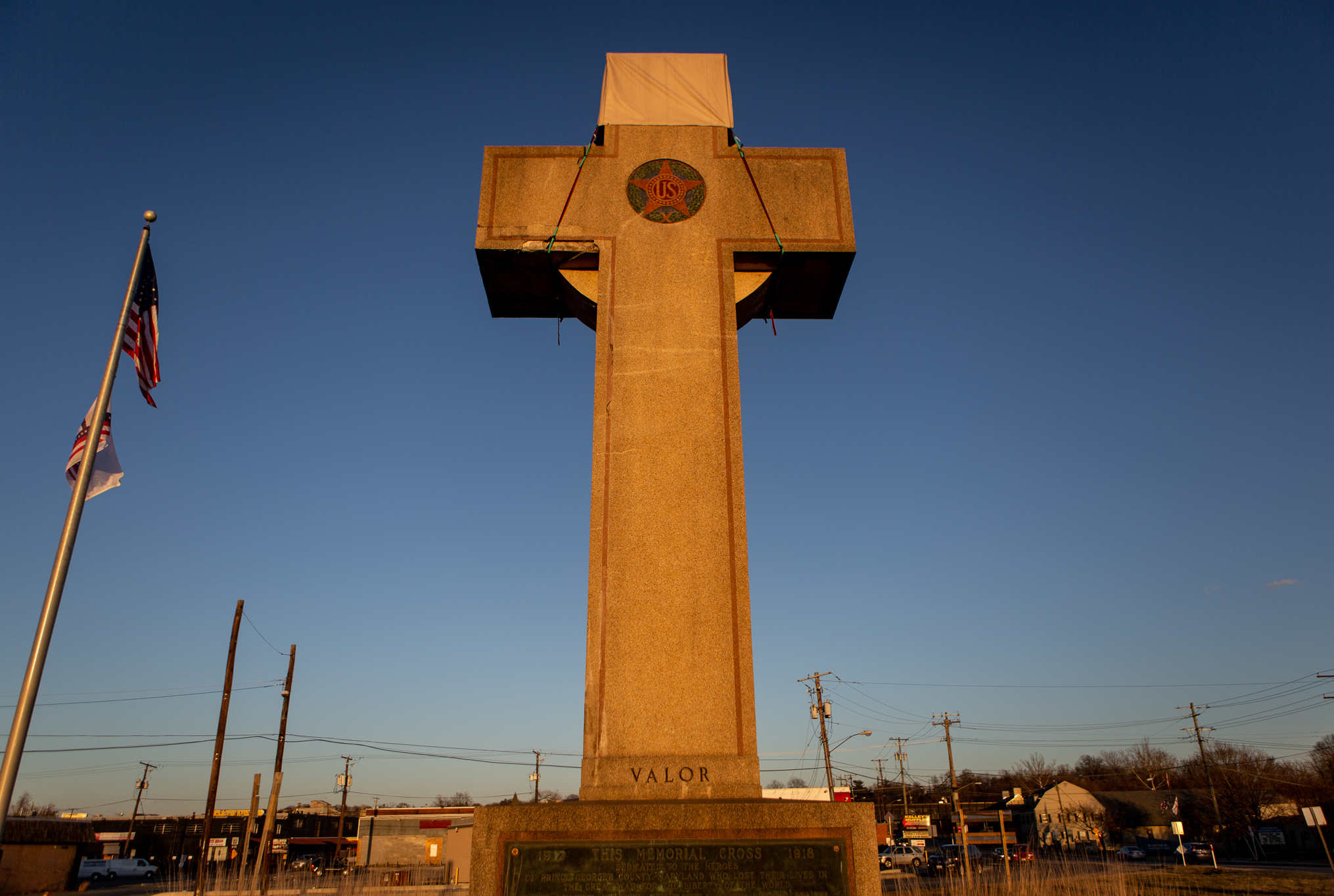 A World War I memorial cross sits in Bladensburg, Md., just outside Washington, D.C. The federal government asked the Supreme Court to rule in favor of the cross, which critics say is an unconstitutional state religious endorsement. Arguments are scheduled to be heard this week. (NPR)