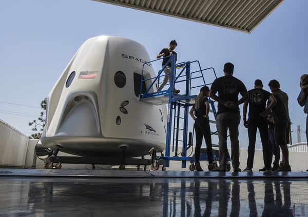 A mockup of the Crew Dragon spacecraft was on display during a 2018 media tour of SpaceX's headquarters and rocket factory in Hawthorne, Calif.