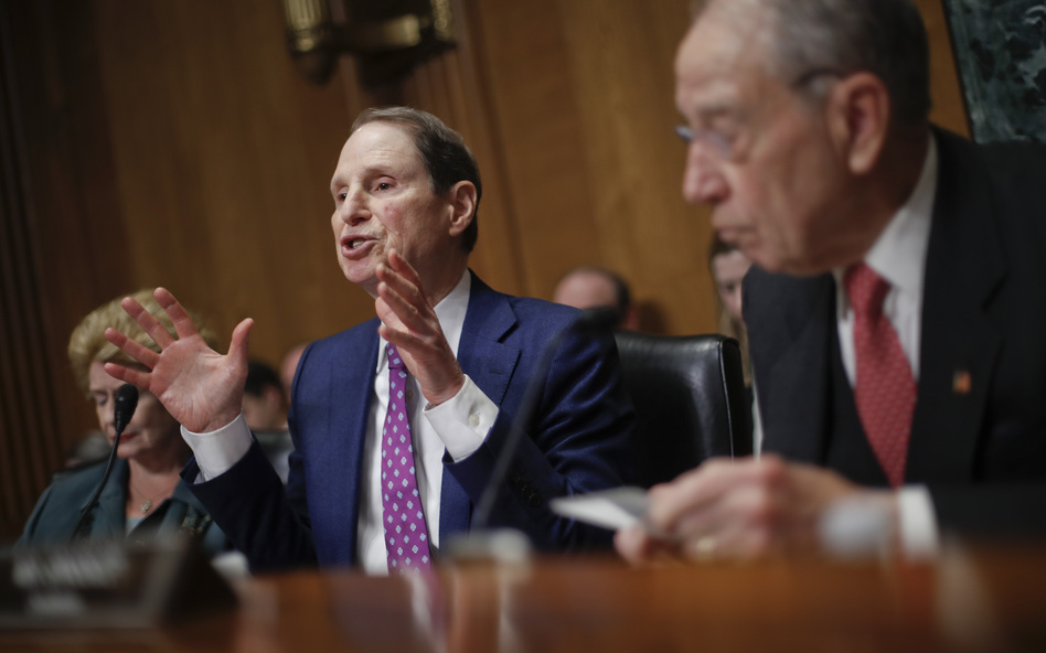 Sen. Ron Wyden, D-Ore., left, and Sen. Chuck Grassley, R-Iowa, right, chairman of the Senate Finance Committee, asked drug company CEOs some tough questions about drug prices on Tuesday during a hearing before the Senate Finance Committee. (Pablo Martinez Monsivais/AP)