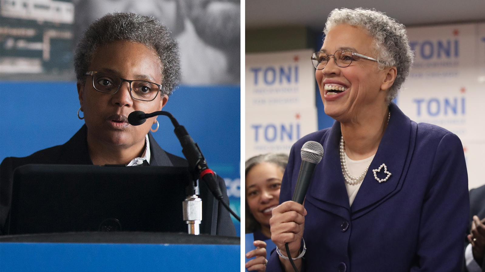 Lori Lightfoot (left), who earned 17.5 percent with 90,000 votes, and Toni Preckwinkle, at 16 percent with 82,000 votes, will go head-to-head in a runoff election April 2. (Scott Olson and Chris Sweda/Chicago Tribune/TNS via Getty Images)