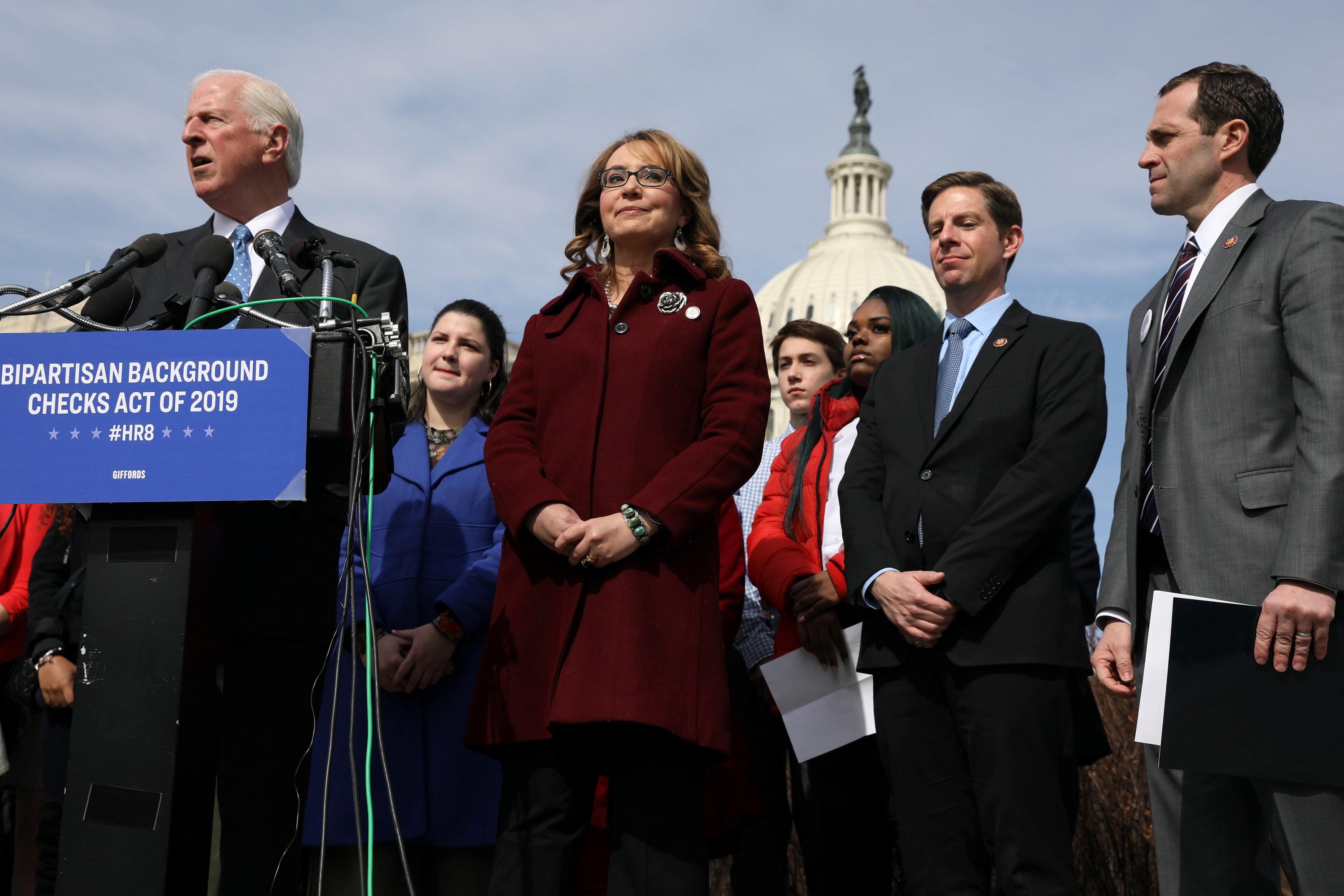 U.S. Rep. Mike Thompson (left), D-Calif., joined by shooting survivor and former Rep. Gabby Giffords of Arizona, holds a news conference about his proposed gun background check legislation, on Capitol Hill on Tuesday. (Reuters)