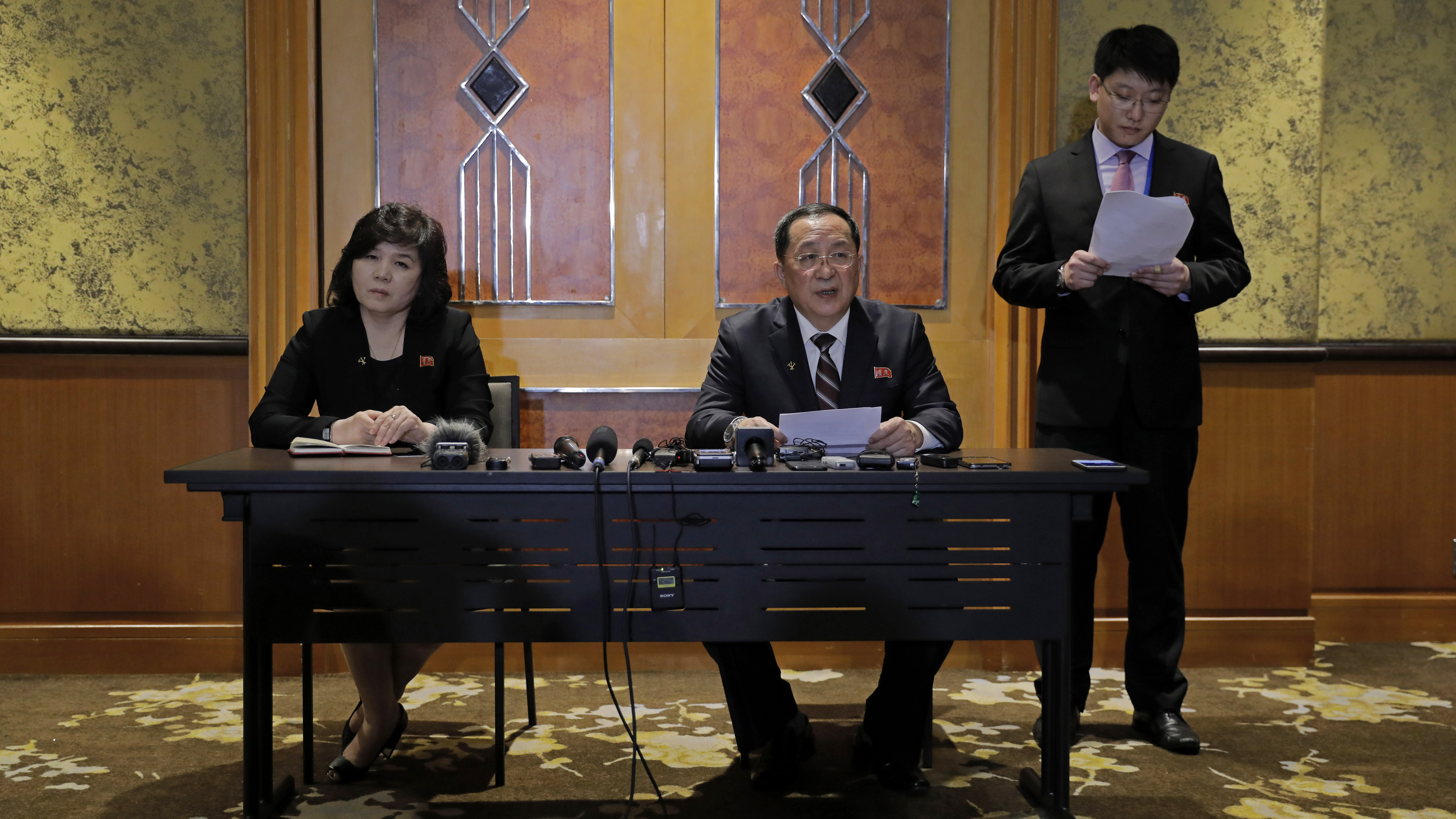 North Korea Foreign Minister Ri Yong Ho (center) addressed why talks between President Trump and Kim Jong Un ended with no deal, at a press conference in Hanoi, Vietnam, on Thursday.