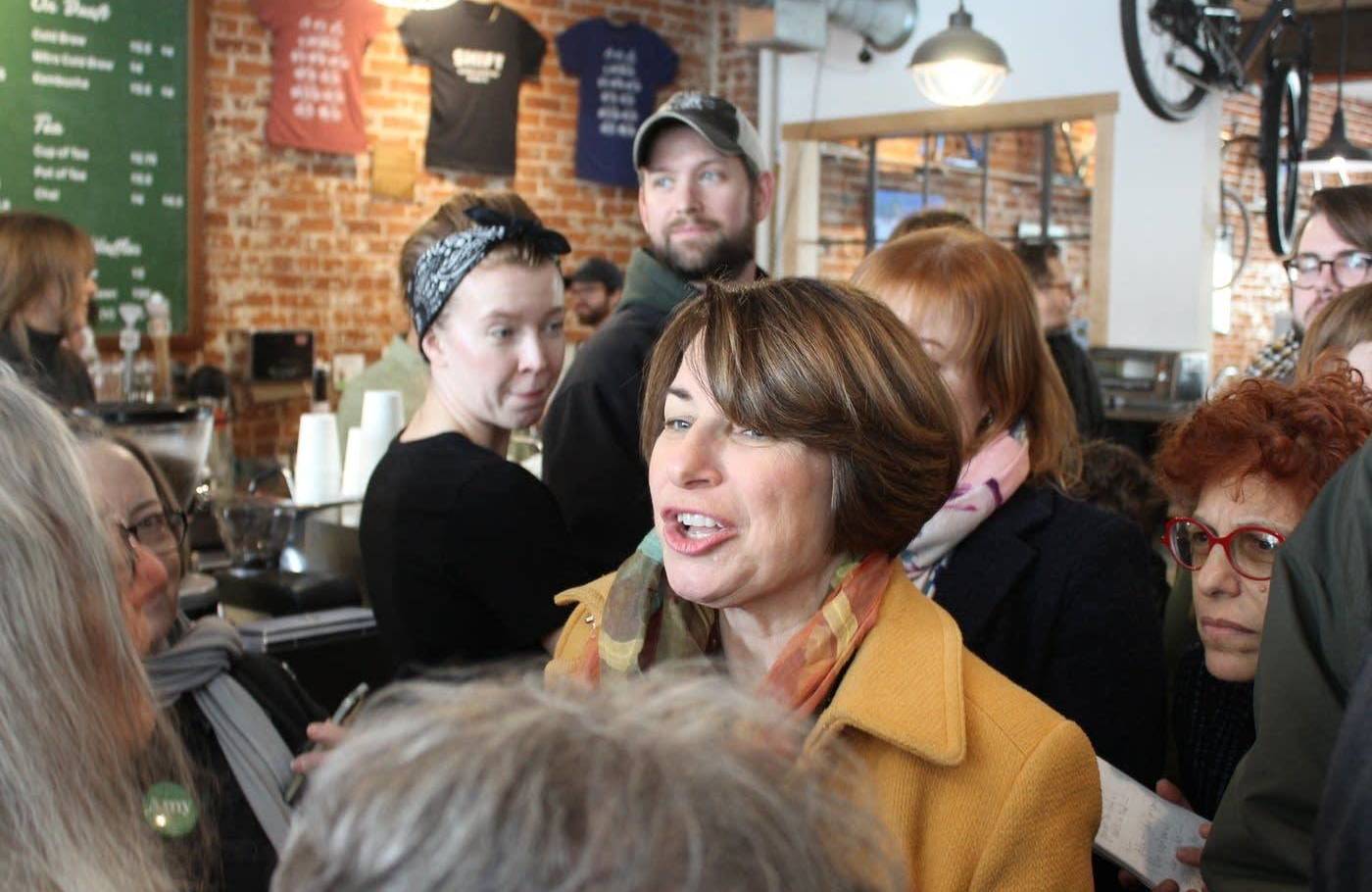 Sen. Amy Klobuchar holds an event at Shift Cyclery & Coffee Bar in Eau Claire, Wis., on Feb. 16. Klobuchar is among the Democratic presidential hopefuls paying attention to Wisconsin in this election cycle. (MPR News)