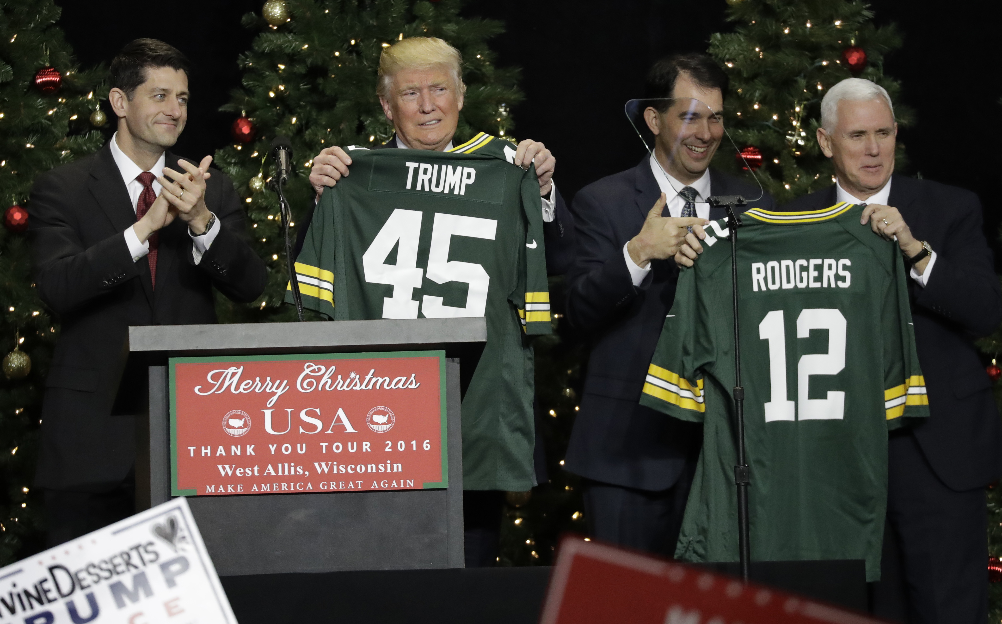 In December 2016, then-House Speaker Paul Ryan and Gov. Scott Walker gave President-elect Donald Trump and Vice President-elect Mike Pence Green Bay Packers jerseys in honor of winning their home state of Wisconsin.