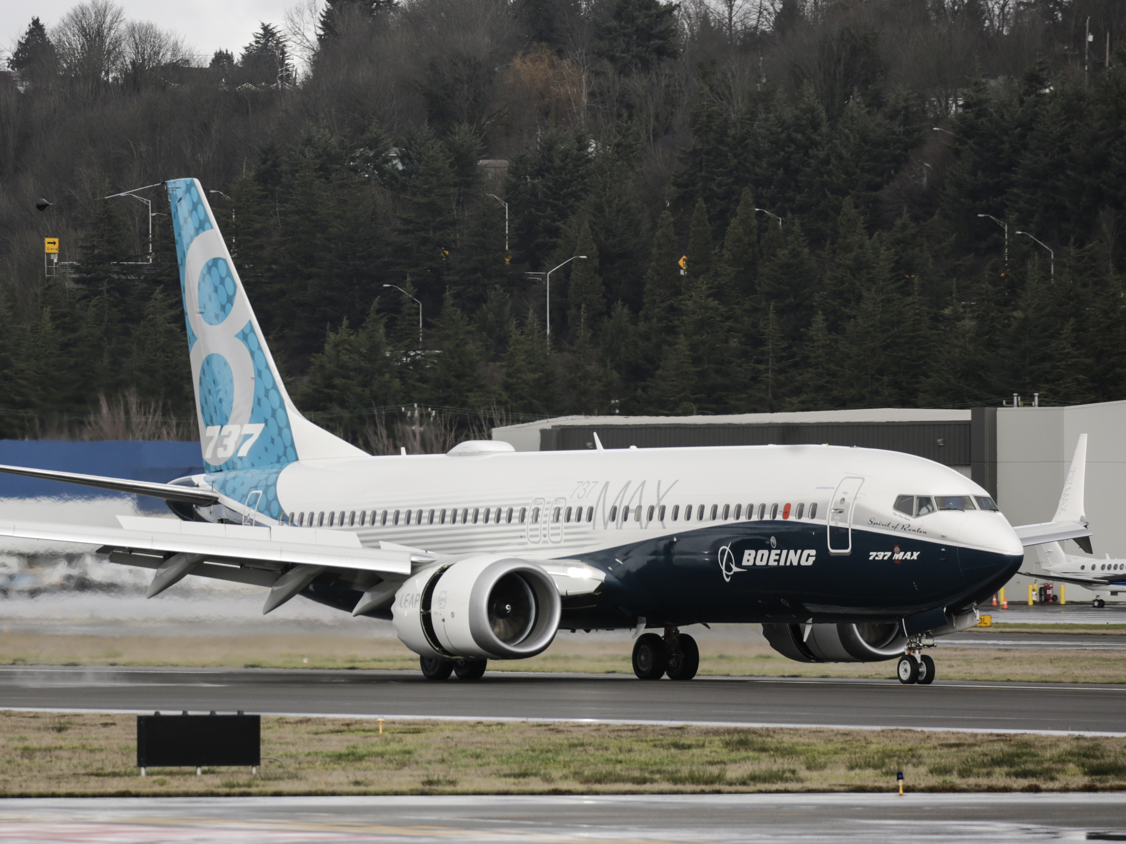 A Boeing 737 Max 8 airliner lands at Boeing Field to complete its first flight on Jan. 29, 2016, in Seattle. The Boeing 737 Max is the fastest-selling plane in the company's history. (Getty Images)