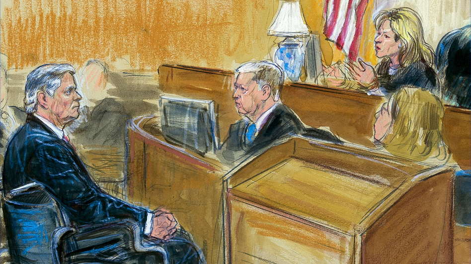 This courtroom sketch shows Paul Manafort listening to Judge Amy Berman Jackson in the U.S. District Courtroom during his sentencing hearing in Washington on Wednesday. (Dana Verkouteren via AP)