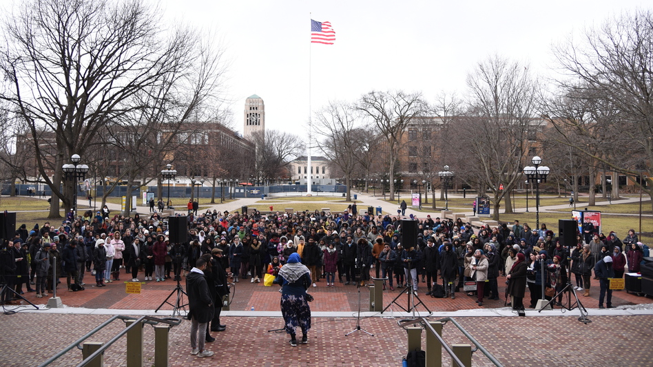 An interfaith vigil, offering prayers and support for the Muslim community, begins at the University of Michigan in Ann Arbor, Mich., on Saturday evening. (Razi Jafri/Michigan Public Radio)