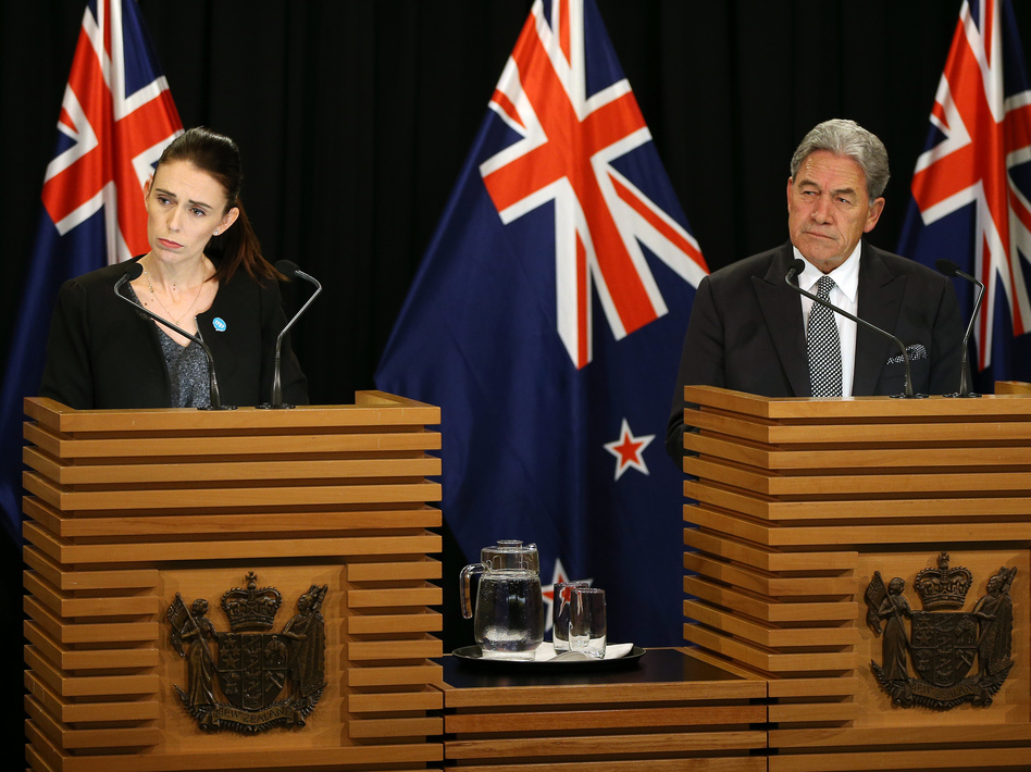 Prime Minister Jacinda Ardern and Deputy Prime Minister Winston Peters speak to media during a press conference at Parliament on Monday. (Hagen Hopkins/Getty Images)