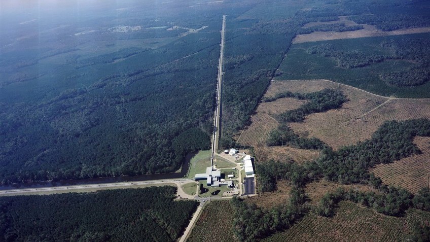 The Laser Interferometer Gravitational-Wave Observatory is made up of two detectors, this one in Livingston, La., and one near Hanford, Wash. The detectors use giant arms in the shape of an &quot;L&quot; to measure tiny ripples in the fabric of the universe. (Caltech/MIT/LIGO Lab)