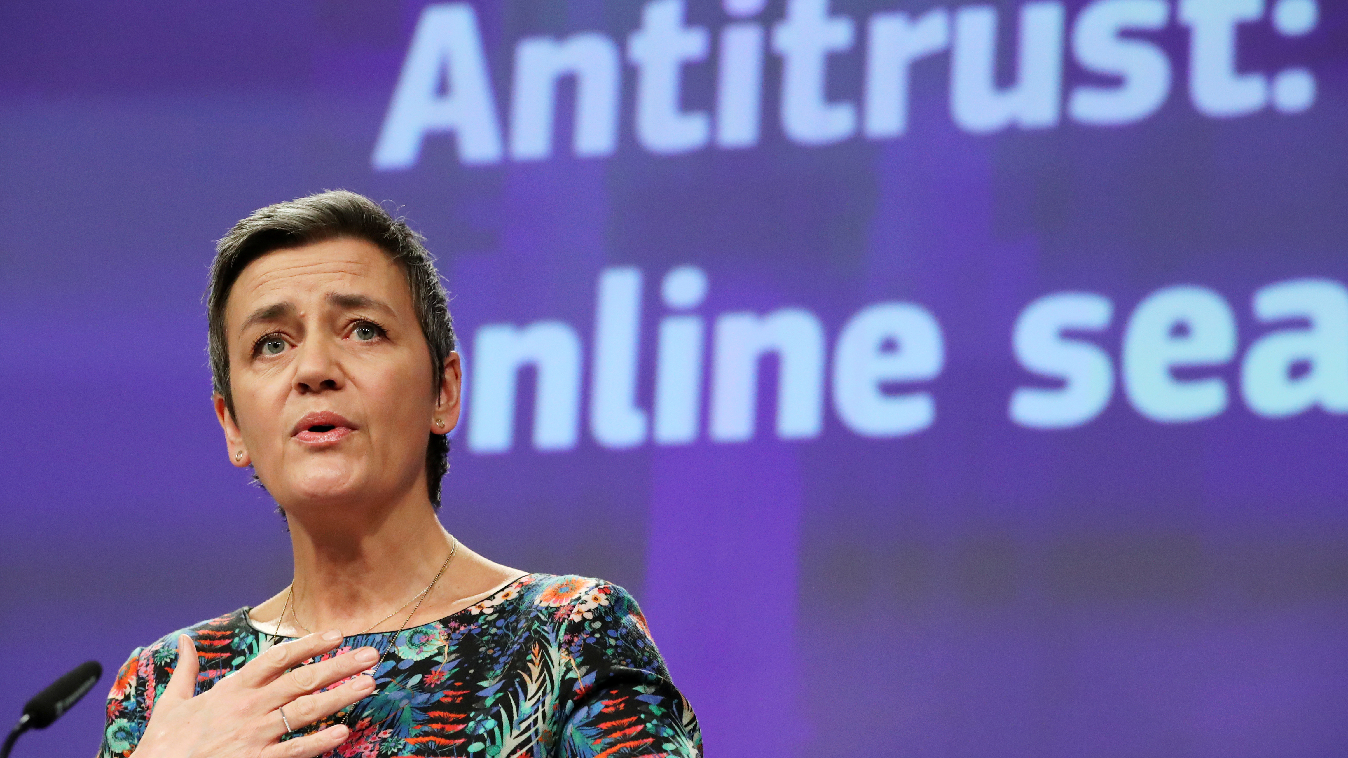 European Commissioner for Competition Margrethe Vestager says Google broke the law for roughly 10 years by restricting how business partners deal with rivals in search advertising. (Reuters)