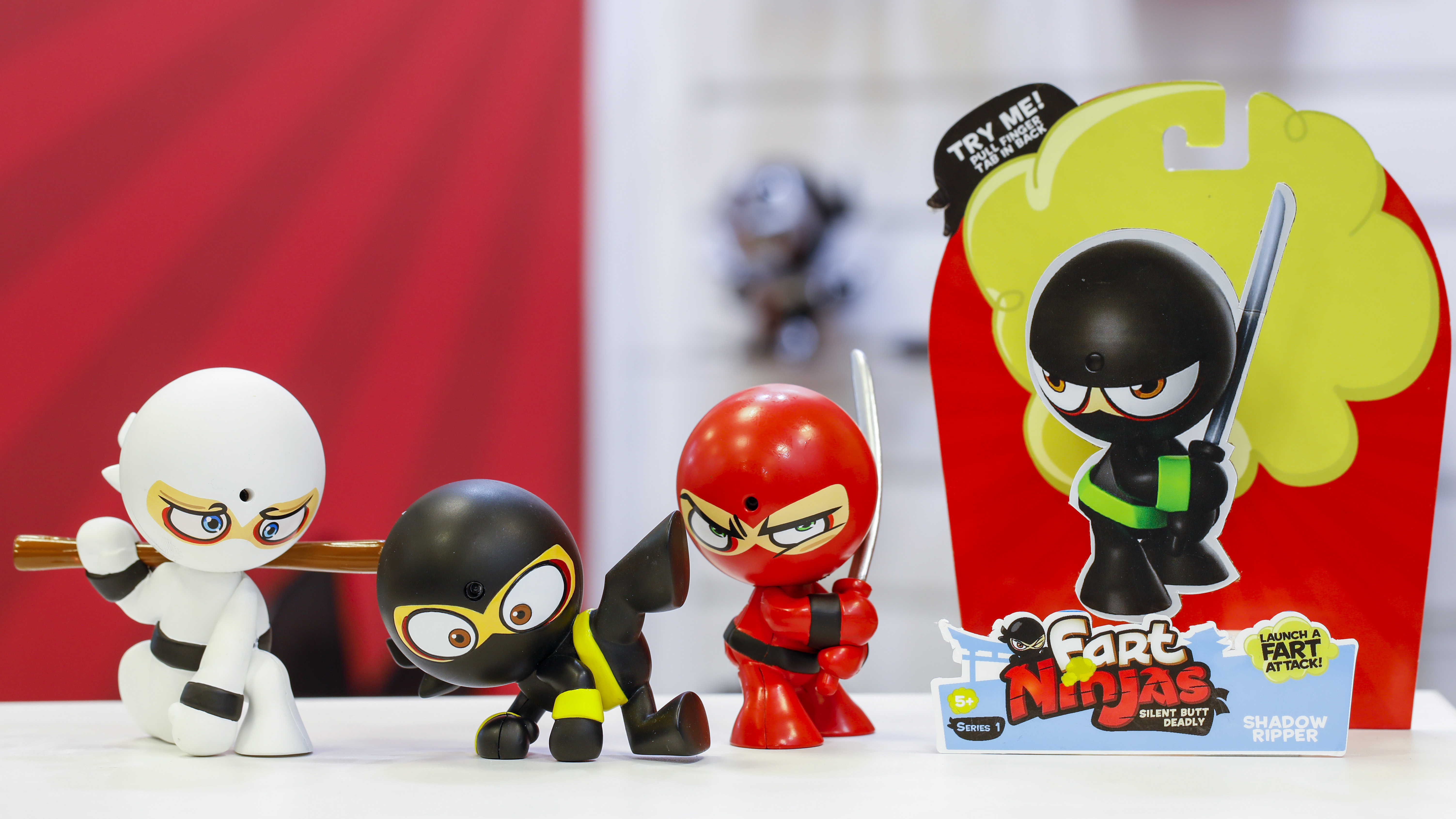 Fart Ninjas wore their primary colors to the toy fair in New York.
