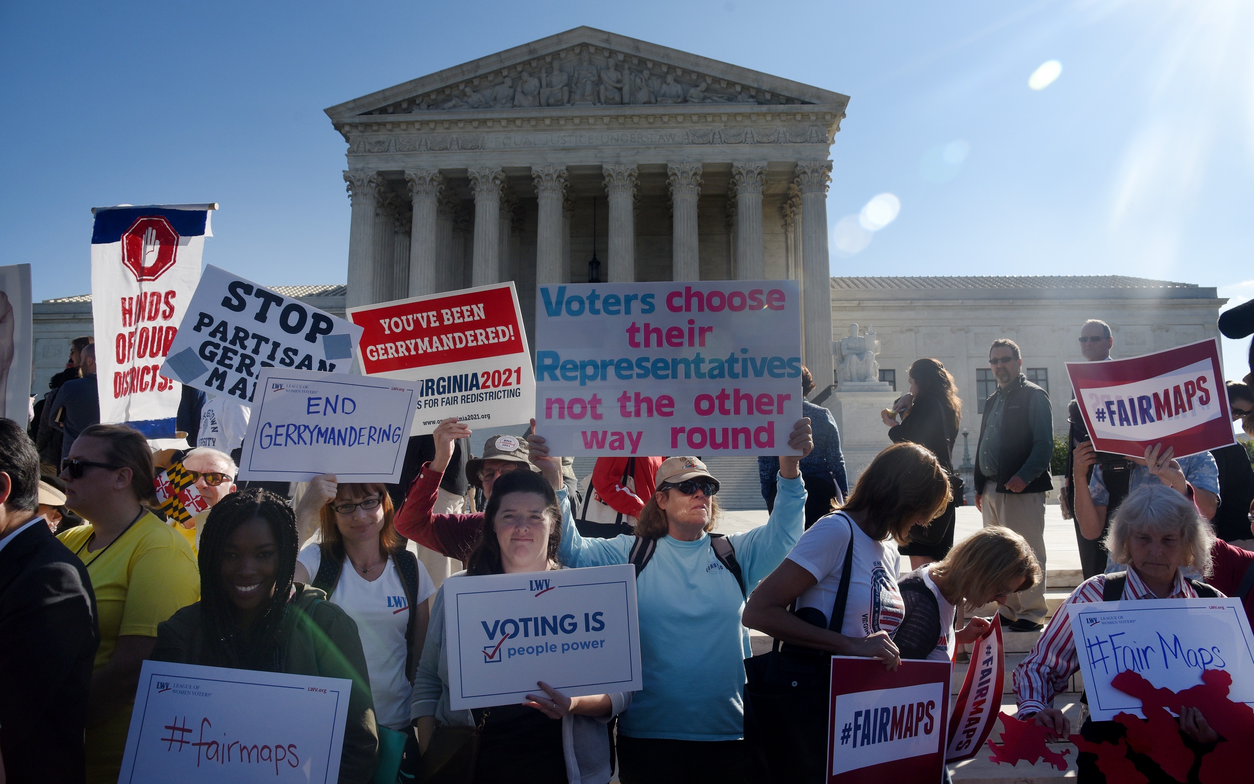 Demonstrators protest partisan redistricting in 2017 during oral arguments in a case out of Wisconsin. (Getty Images)