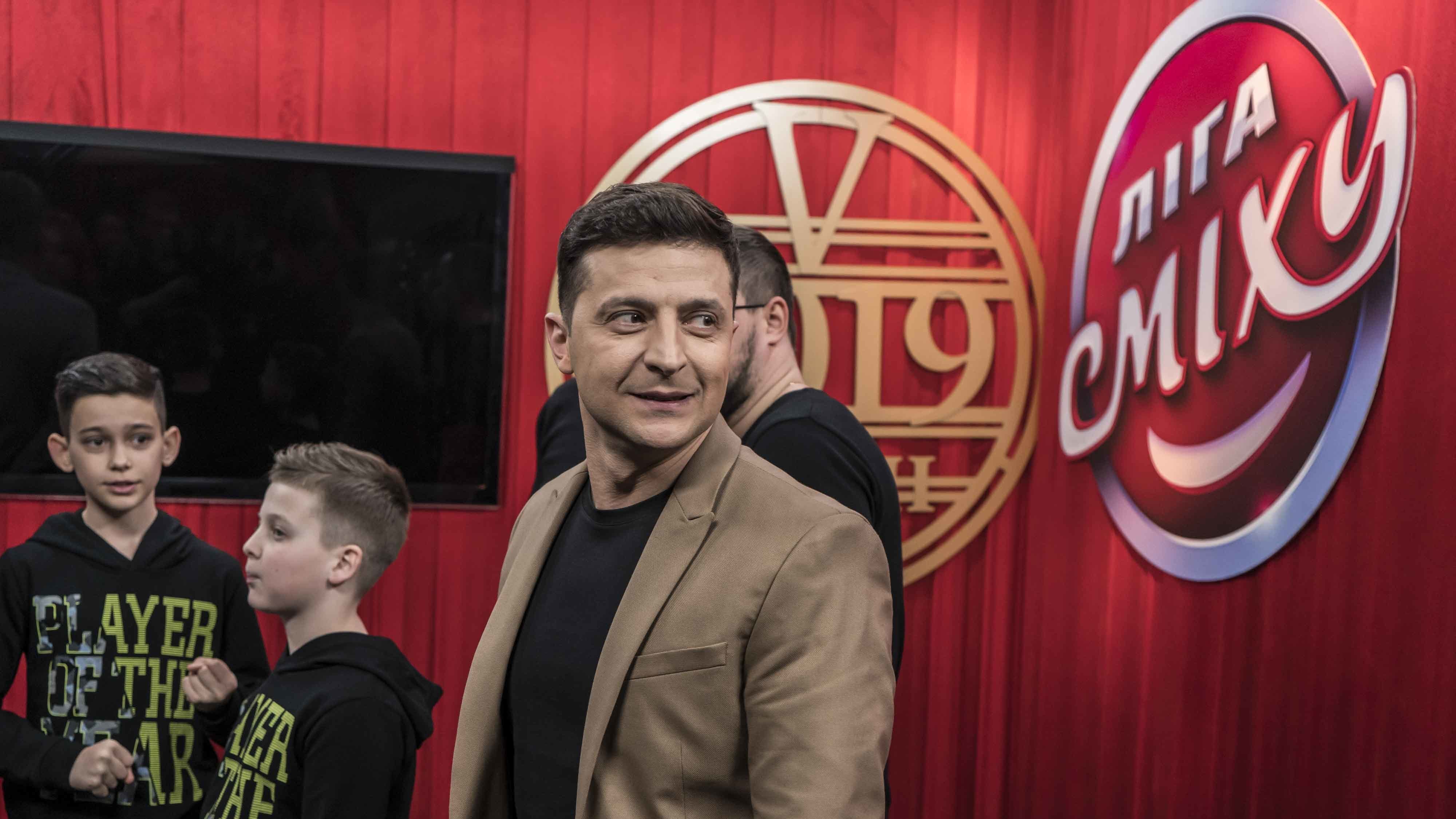 Ukrainian presidential candidate Volodymyr Zelenskiy walks backstage during the filming of the League of Laughter comedy show on March 19 in Kiev, Ukraine.