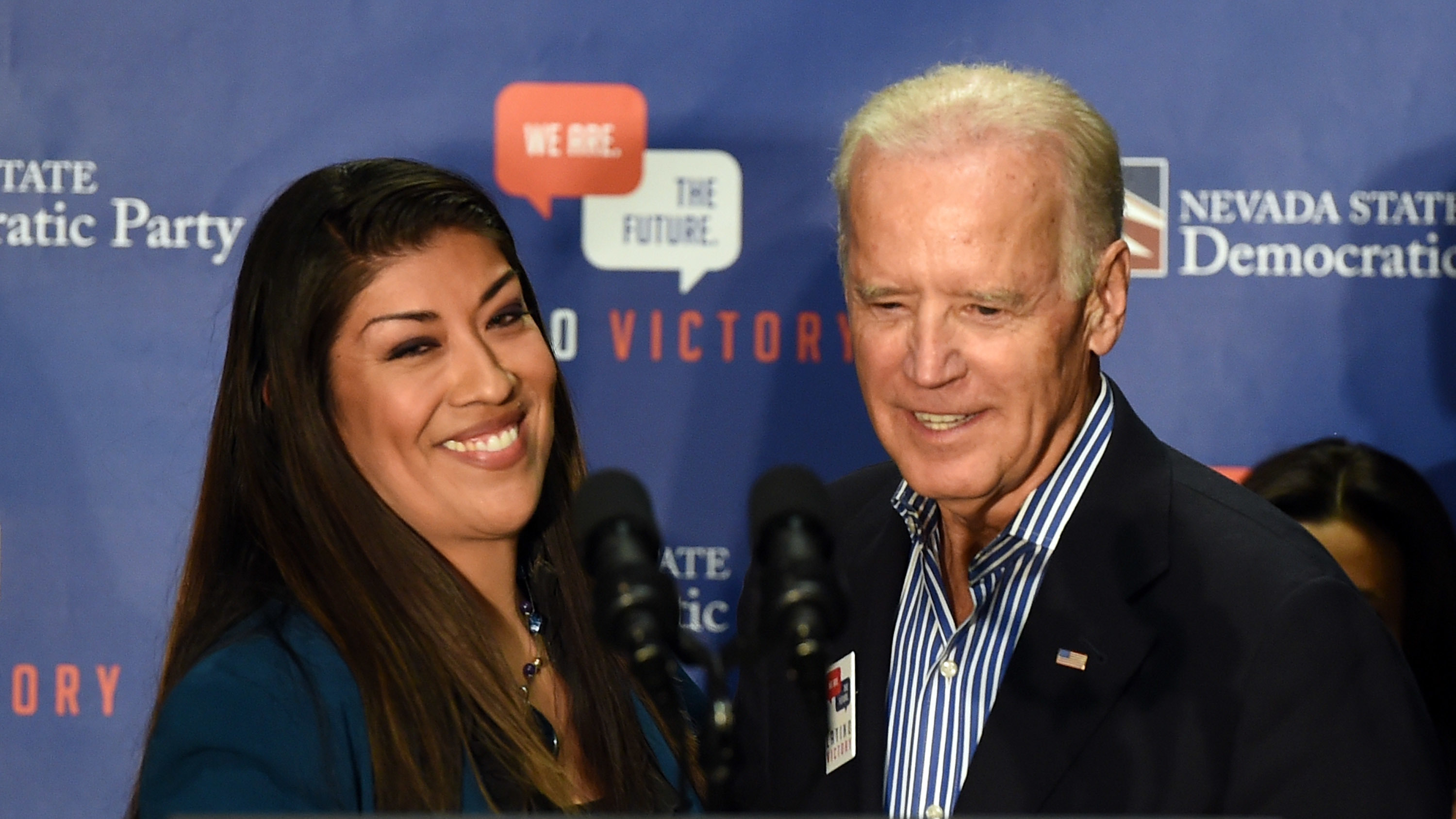 Then-Democratic candidate for lieutenant governor Lucy Flores and then-Vice President Joe Biden at a rally on Nov. 1, 2014 in Las Vegas. Flores accuses Biden of acting inappropriately during that visit.