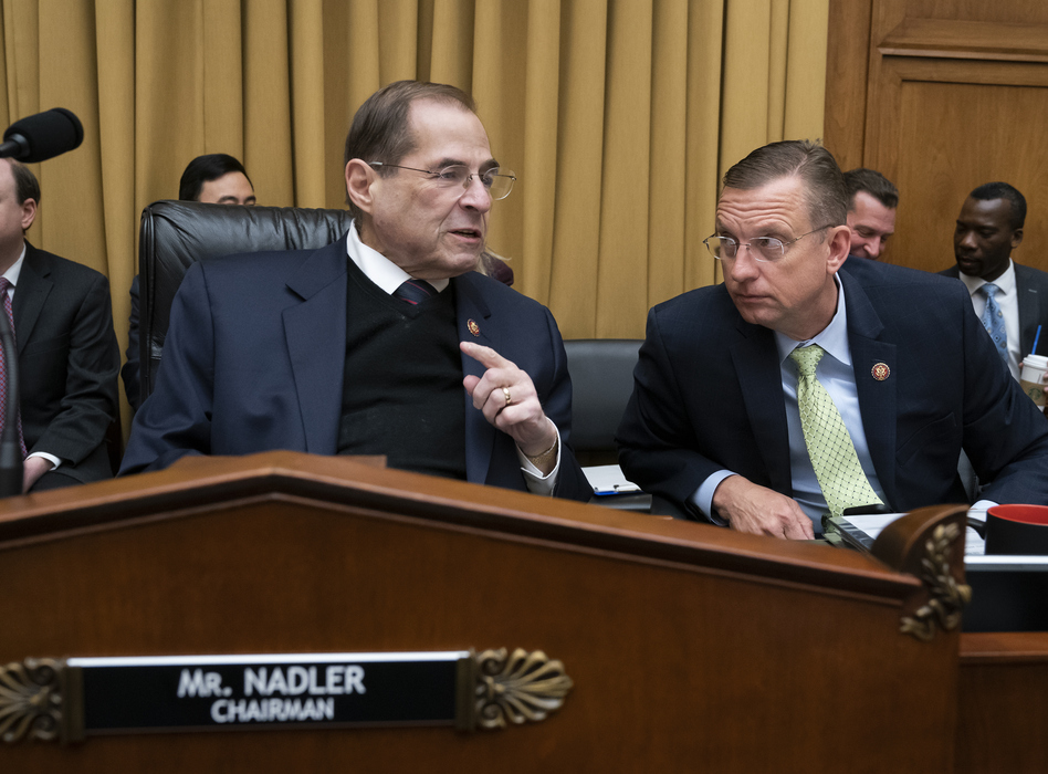 House Judiciary Committee Chair Jerrold Nadler, D-N.Y., debated with ranking member Doug Collins, R-Ga., (right) about his move to subpoena the Justice Department to obtain an unredacted copy of the Mueller report at a committee markup Wednesday. (J. Scott Applewhite/AP)