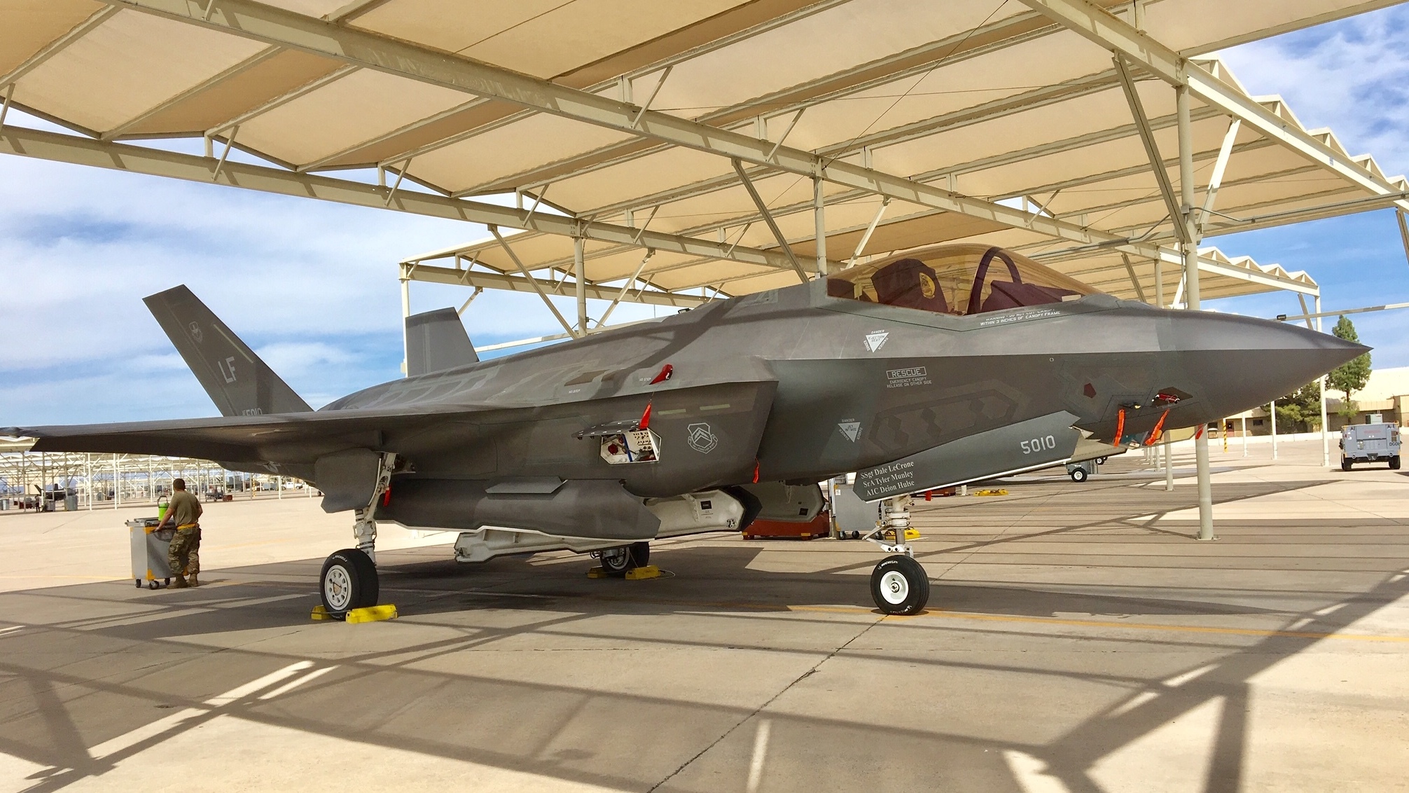 A Lockheed Martin F-35 Lightning II stealth jet fighter on the tarmac at Luke Air Force Base in Arizona. Turkey