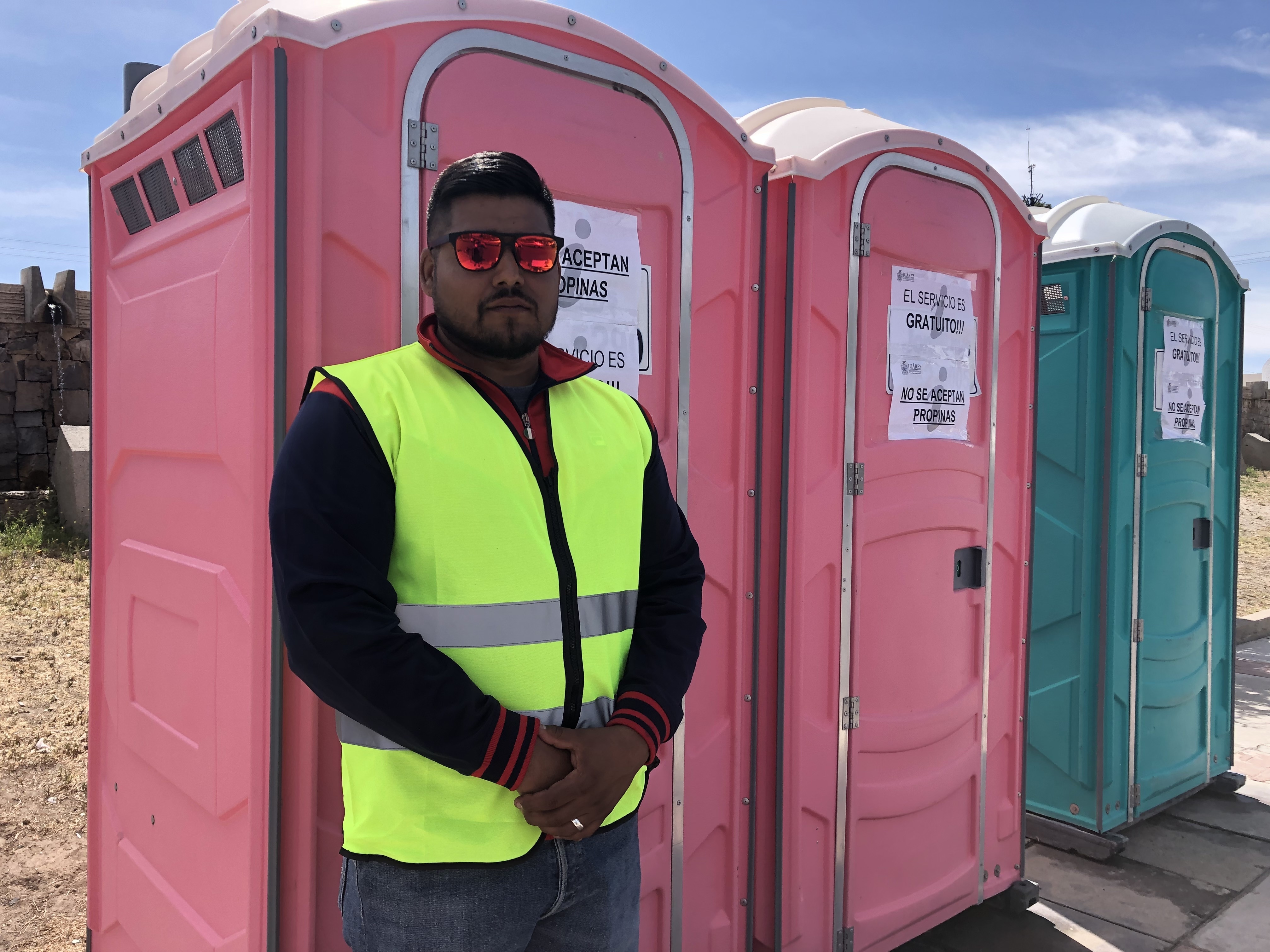 Victor Santana mans a row of port-a-potties near the Bridge of the Americas separating Juárez from El Paso. Disruptions at the border have caused long wait times at the border. Ciudad Juárez is offering free bathrooms for travelers stuck in those long lines. (KRWG)