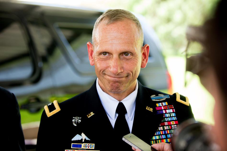 Special Operations Command Africa Commander Brig. Gen. Donald Bolduc pauses while speaking to members of the media outside the U.S. Embassy in Chad in N'Djamena, Chad in 2016. Since his retirement, Bolduc has become a powerful advocate for Green Alerts.