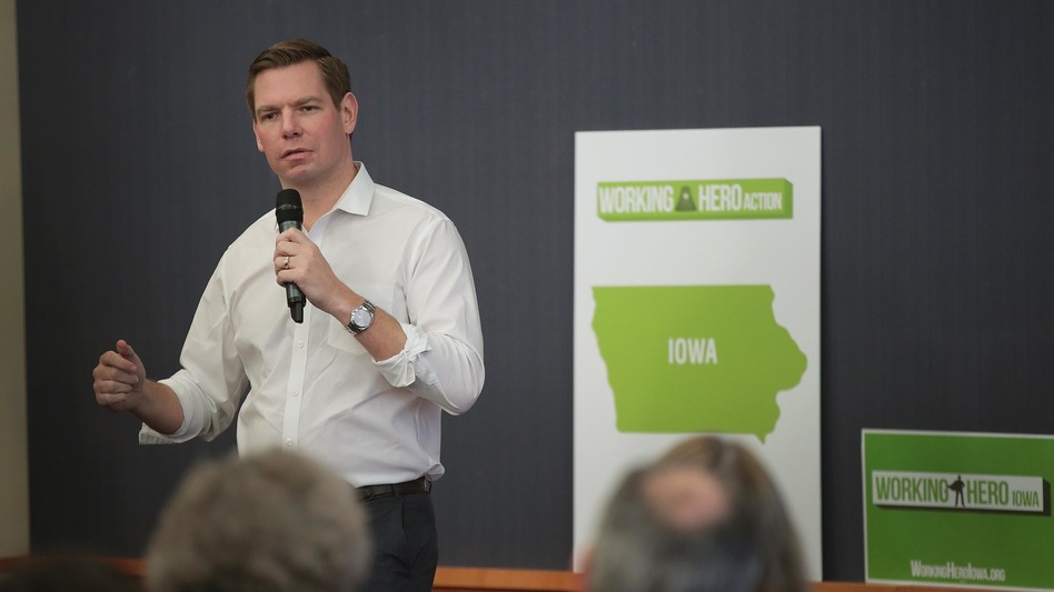 Rep. Eric Swalwell, D-Calif., speaks to a group in Iowa City, Iowa, in February. Swalwell, who became the latest Democrat to run for president, was born in Iowa but grew up in California. (Scott Olson/Getty Images)