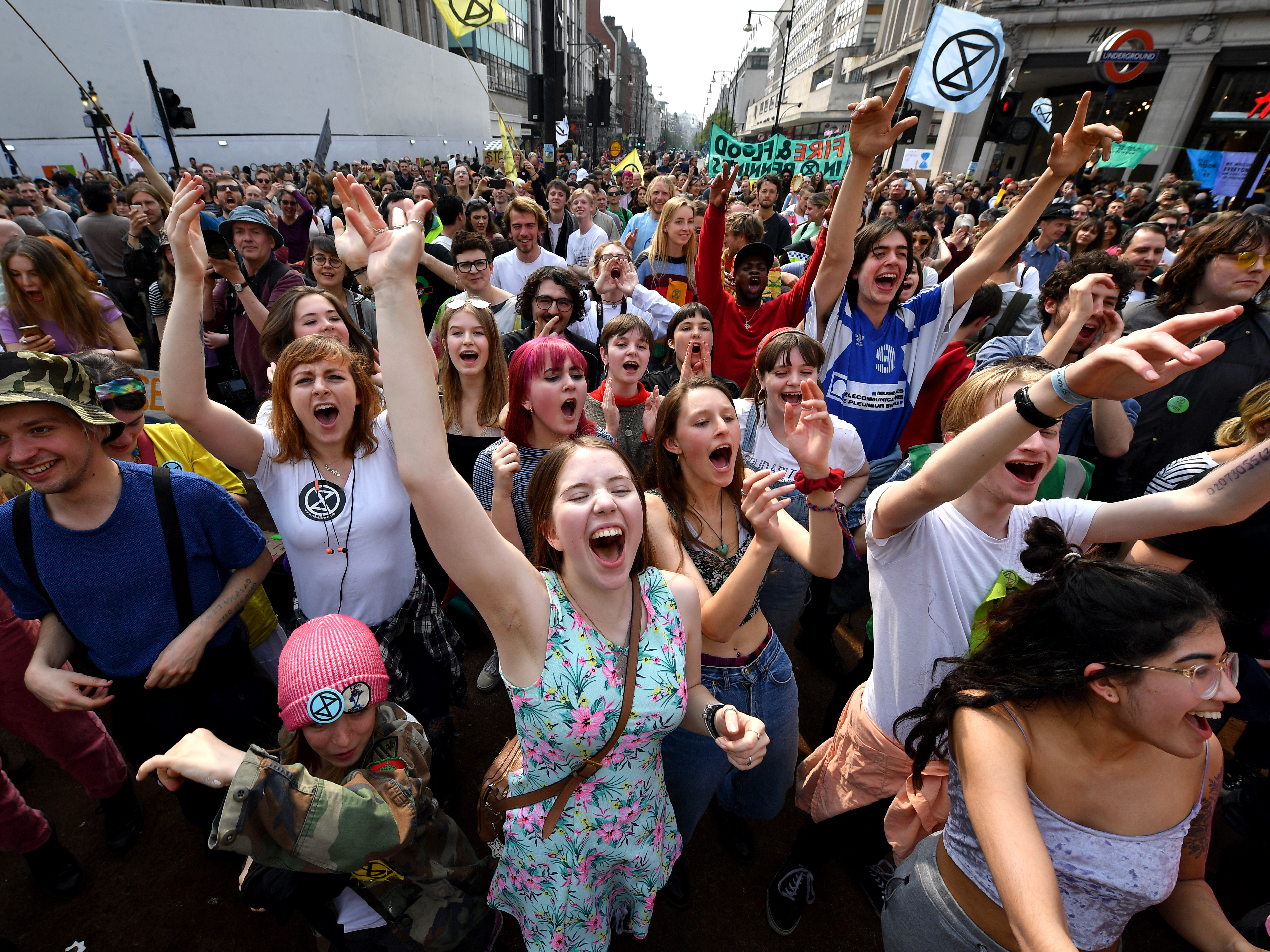 Activists call for government action on climate change in the middle of Oxford Circus on Wednesday in London. Now in their third day of action, protests have blocked a number of key junctions in central London. (Getty Images)