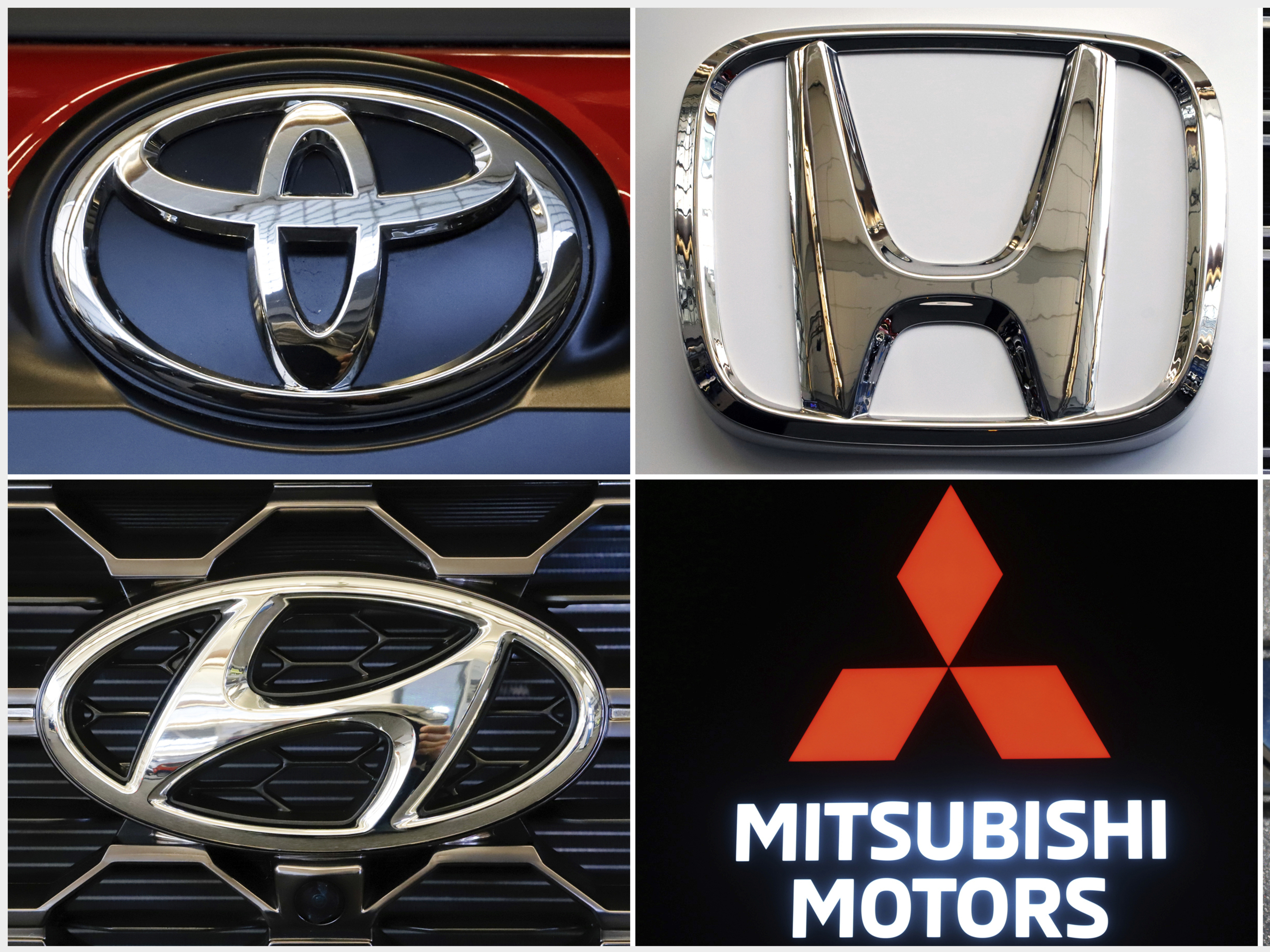 This combination of photos shows clockwise from top left the logos for Toyota, Honda, Kia, Fiat Chrysler, Mitsubishi and Hyundai. U.S. auto safety regulators have expanded an investigation into malfunctioning air bag controls to include 12.3 million vehicles because the bags may not inflate in a crash.