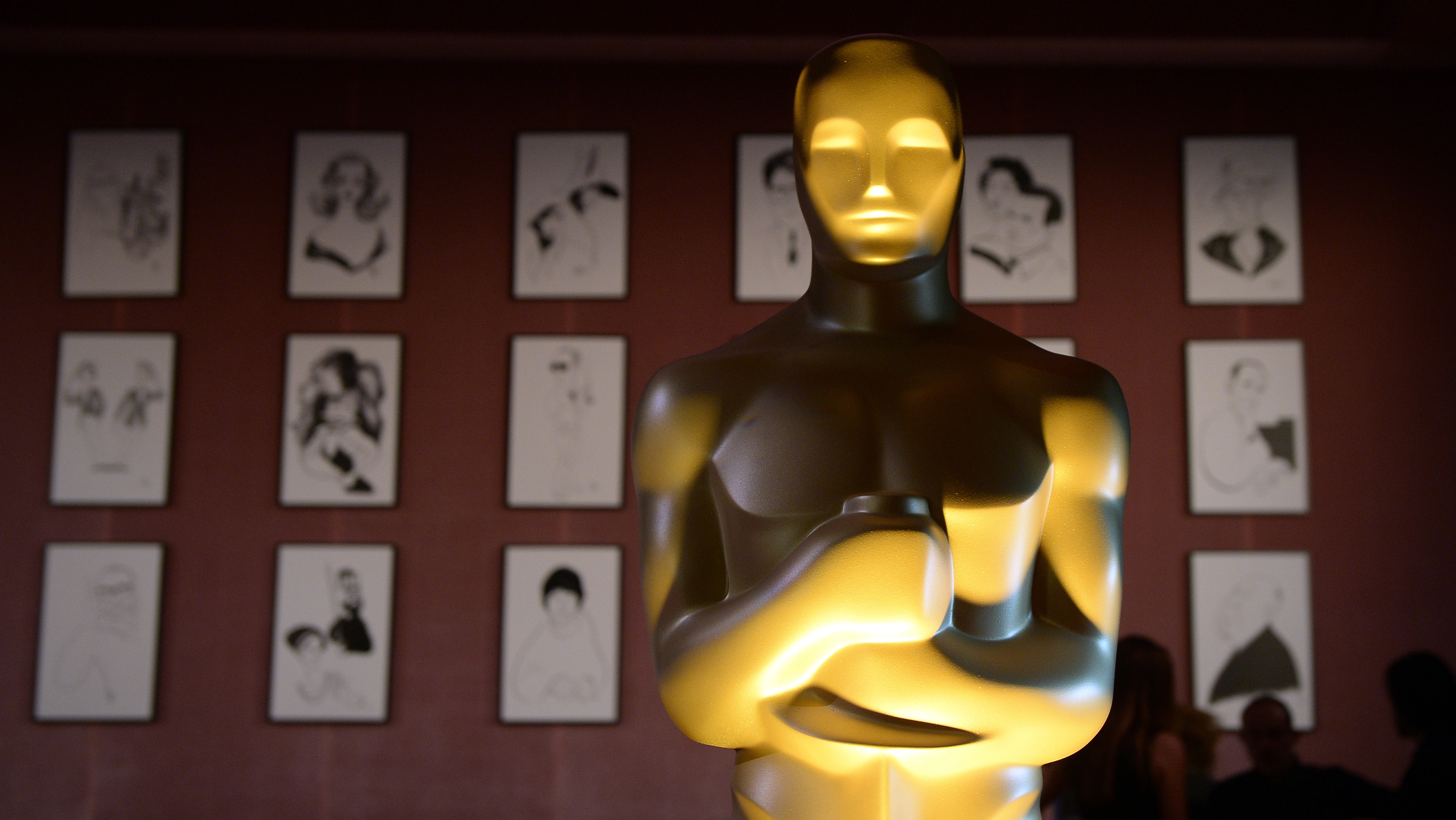 A reproduction of an Oscar statuette stands tall at a 2016 media event in Hollywood, Calif.