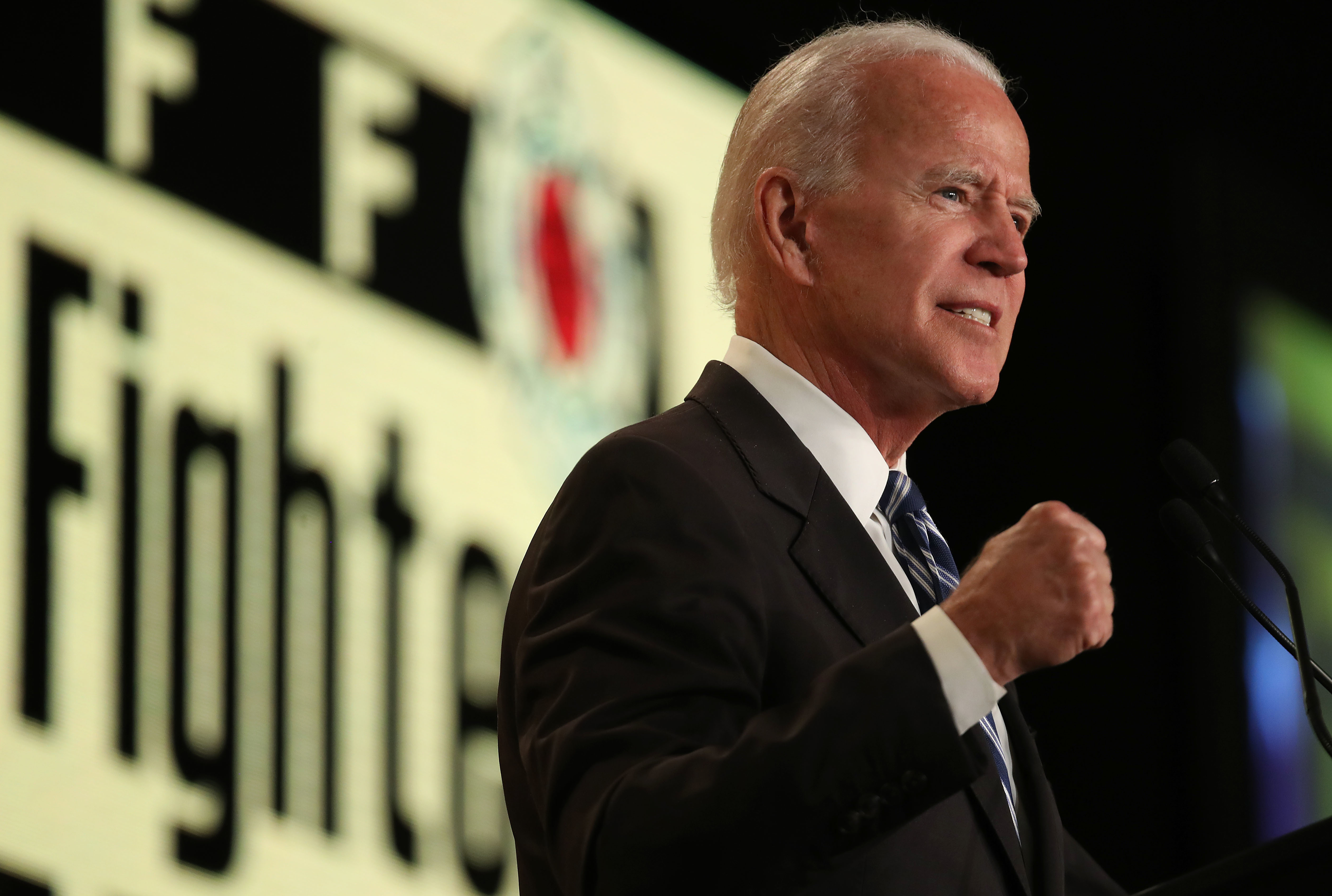 Former Vice President Joe Biden speaks at the International Association of Fire Fighters legislative conference in March. He got into the Democratic presidential nomination fight Thursday.