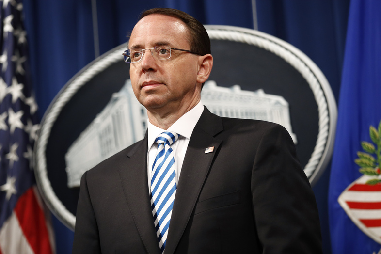 Deputy Attorney General Rod Rosenstein attends a news conference about the release of a redacted version of special counsel Robert Mueller's report on April 18. Rosenstein says the report does not cover all of Russia's attempts to influence U.S. elections. (Patrick Semansky/AP)