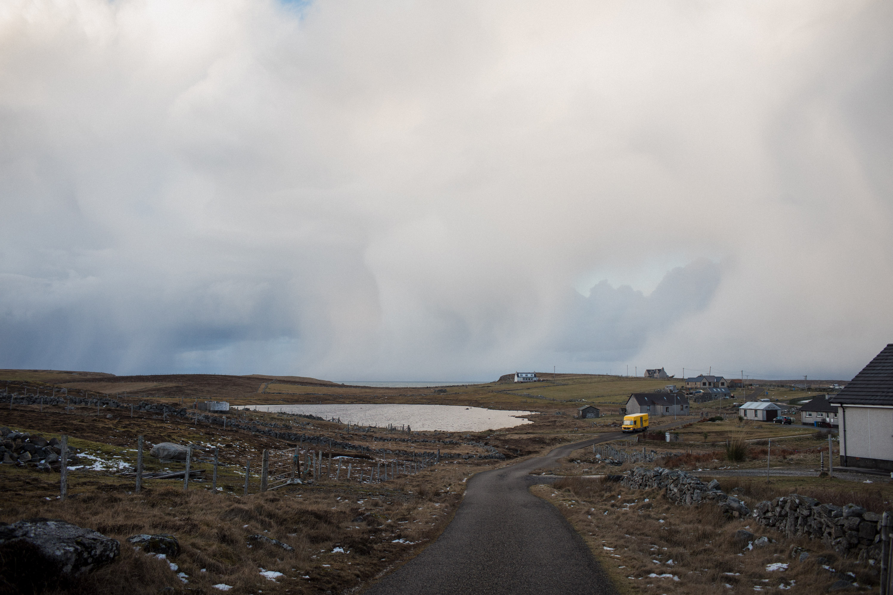 The mobile library travels on one of its routes on the Outer Hebrides island of Lewis and Harris. For isolated residents, seeing the mobile librarian is sometimes the only human contact they may have for days. (Celeste Noche)