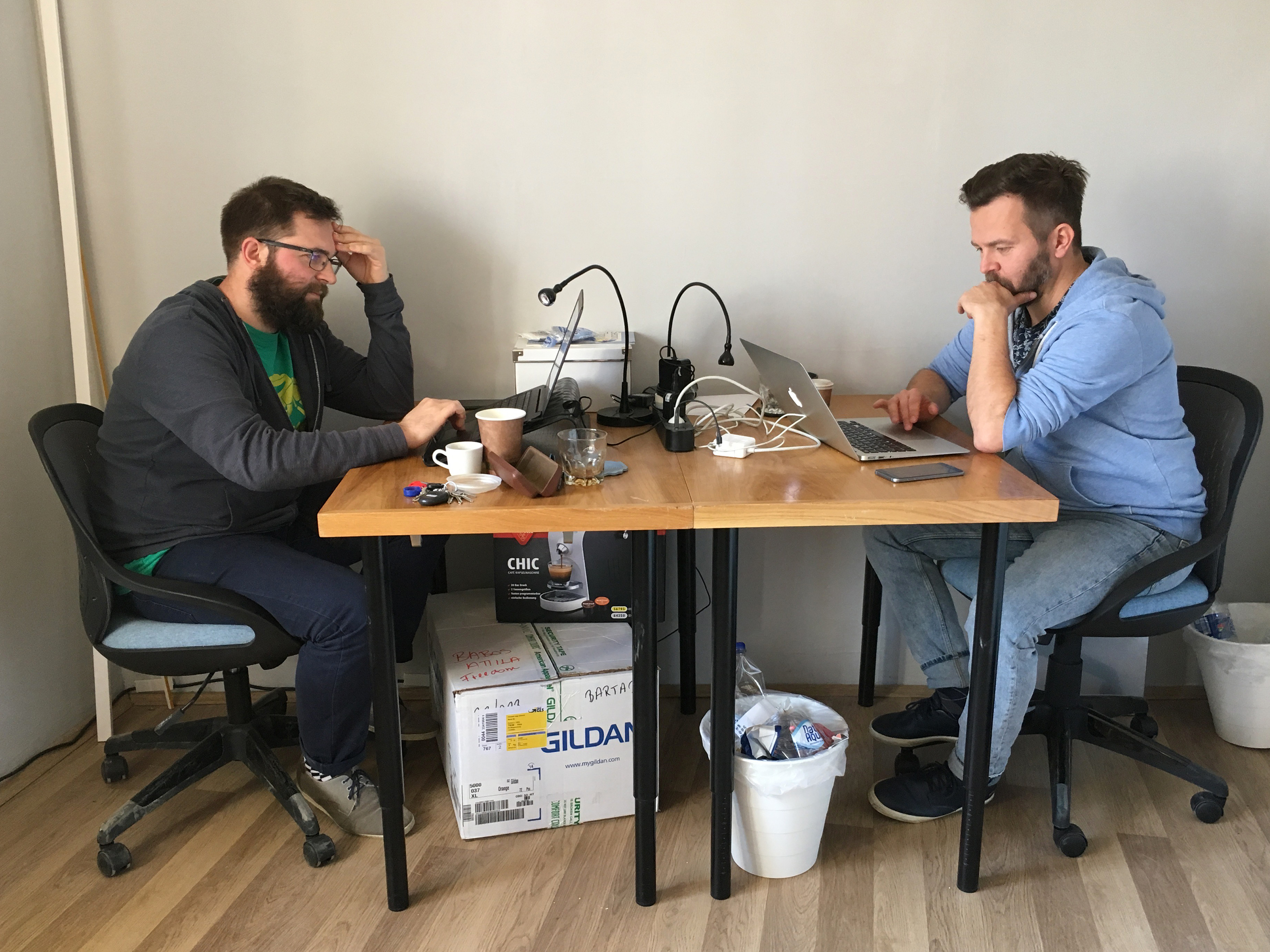 Journalists Ervin Guth (left) and Ferenc Nimmerfroh work out of a small office in downtown Pecs, a city in southern Hungary. They and colleague Attila Babos started the independent news site Szabad Pecs (Free Pecs) after the local newspaper where they worked was purchased by a pro-government media company. (NPR)