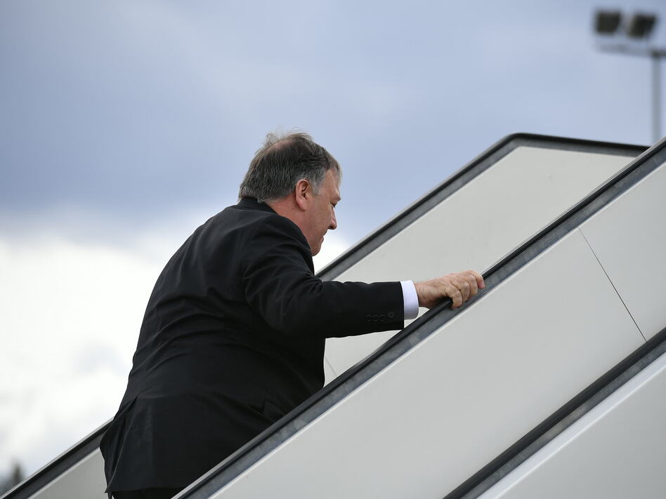 US Secretary of State Mike Pompeo departing Rovaniemi, Finland, following the 11th Ministerial Meeting of the Arctic Council. He flew to Baghdad for an unscheduled visit. (Mandel Ngan/AP)