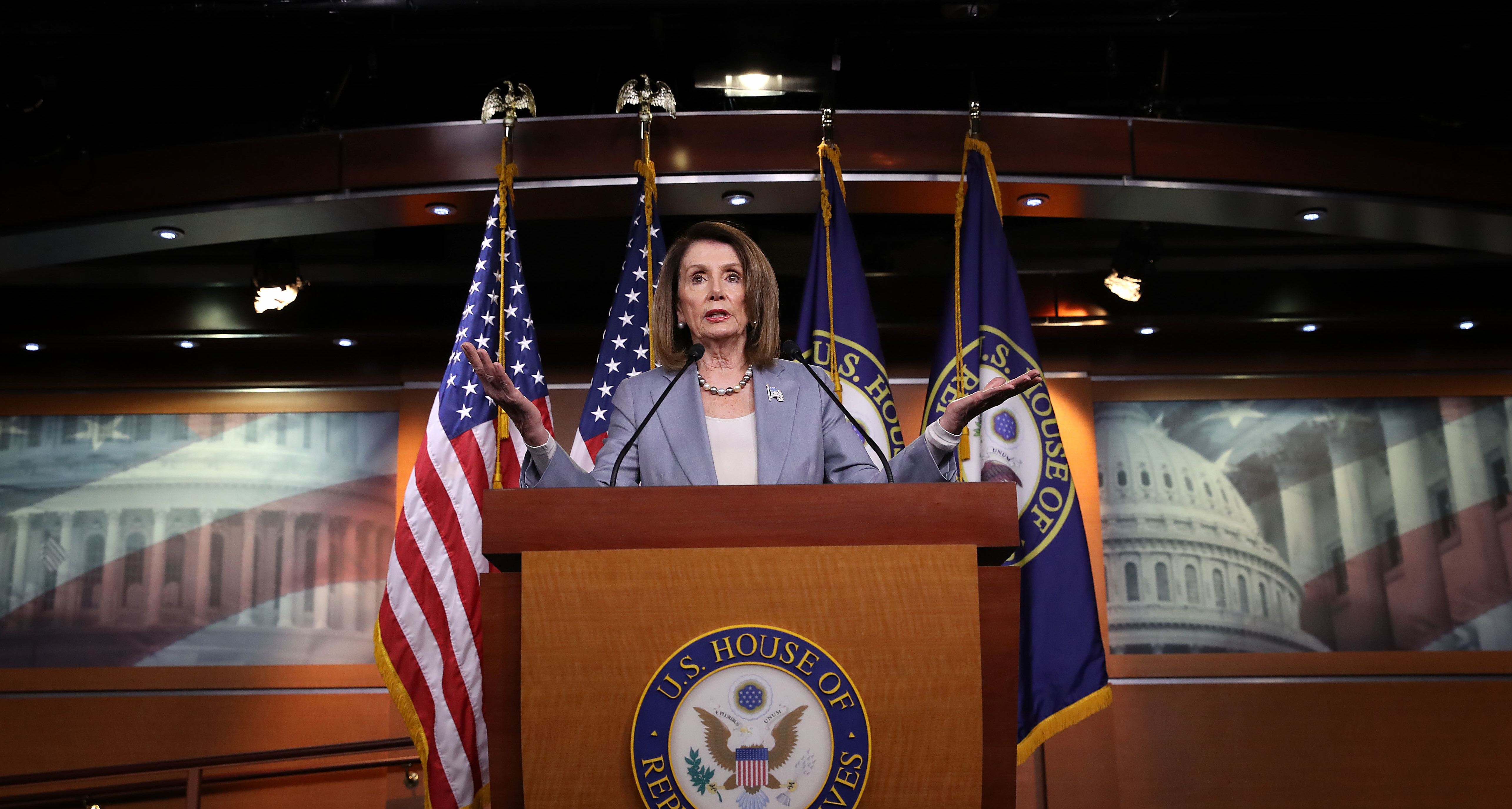 Speaker of the House Nancy Pelosi, D-Calif., answers questions during a press conference at the Capitol on Thursday. The House is expected to vote on whether to hold Attorney General William Barr in contempt of Congress. (Getty Images)