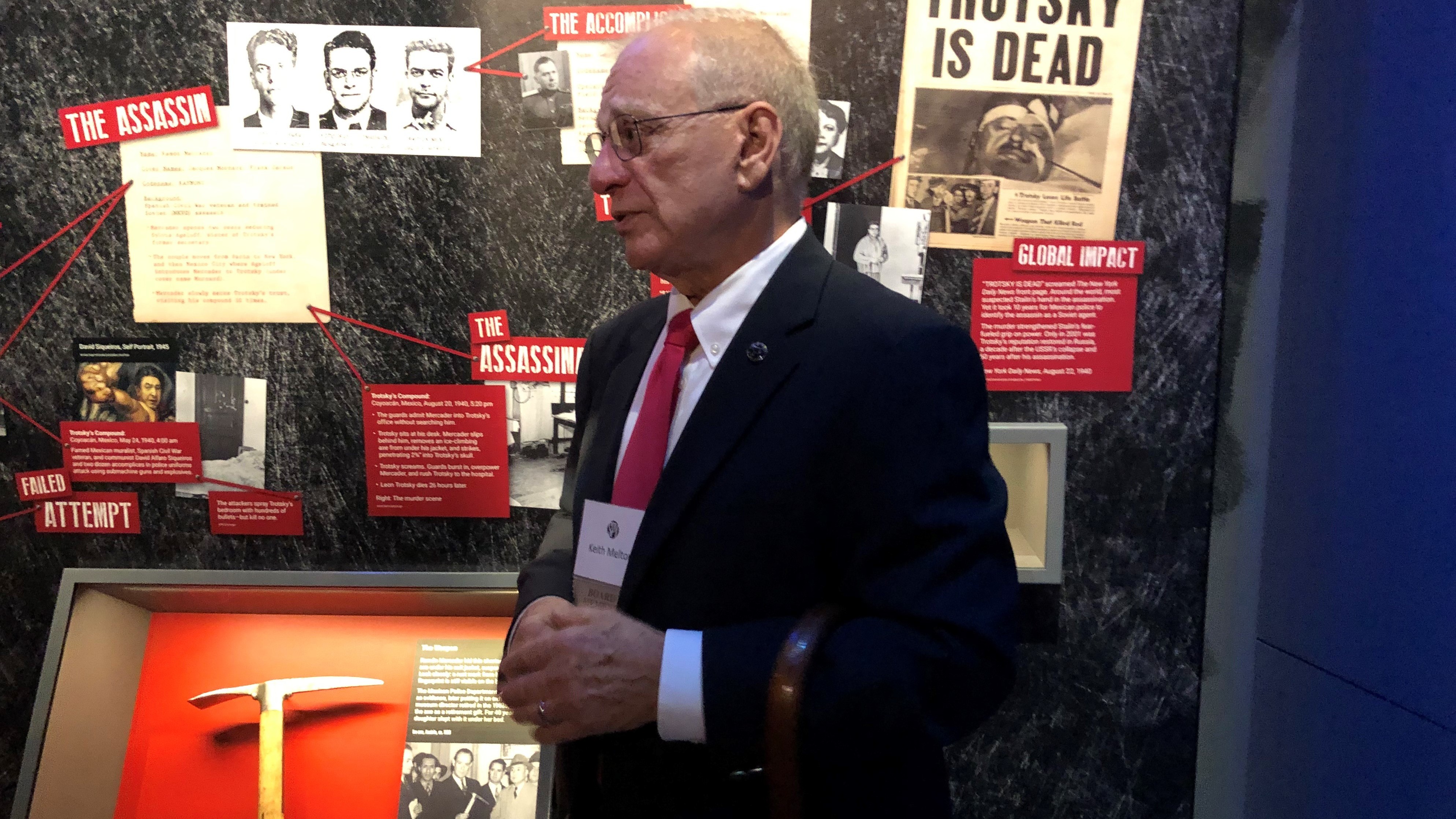 H. Keith Melton, a longtime collector of spy artifacts, stands next to the axe that was used to kill Soviet exile Leon Trotsky in Mexico in 1940. The axe is part of Melton