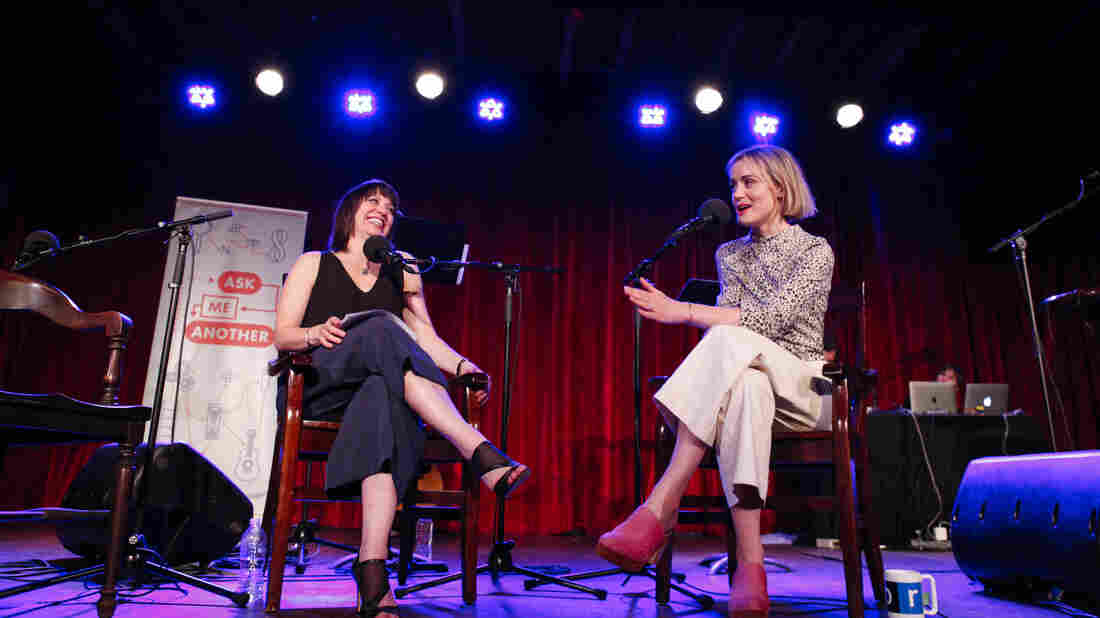Ask Me Another host Ophira Eisenberg chats with Taylor Schilling at the Bell House in Brooklyn, New York.